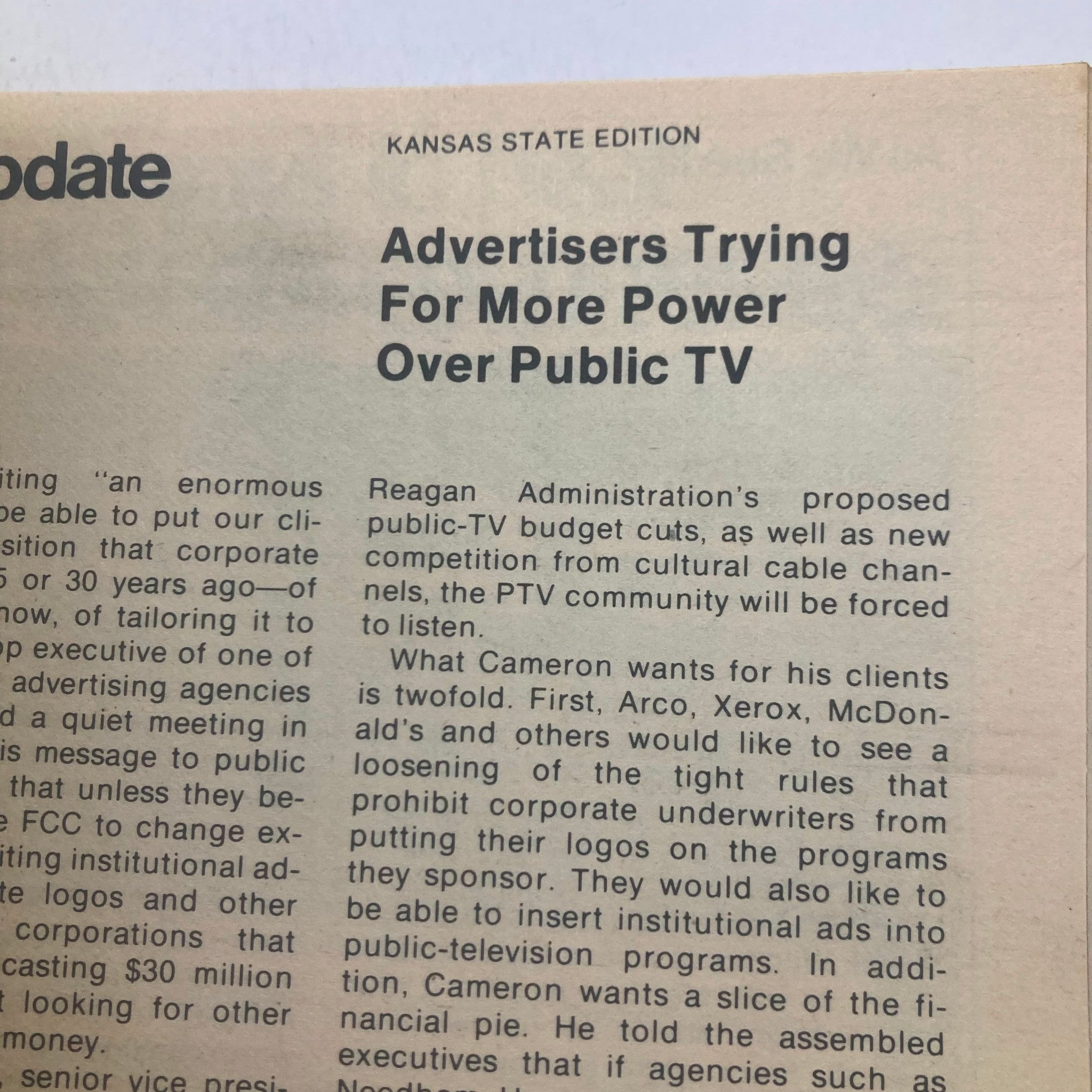 Inside page of TV Guide Magazine April 18, 1981 discussing advertisers' influence over public television, Kansas State Edition.