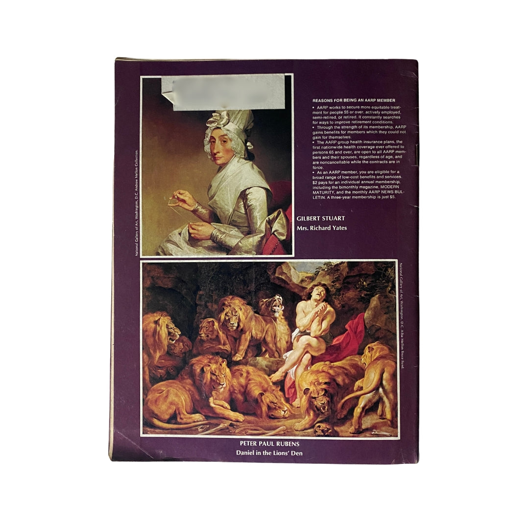 Back cover of Modern Maturity Magazine from October-November 1975, showcasing classic artwork and subscription information.