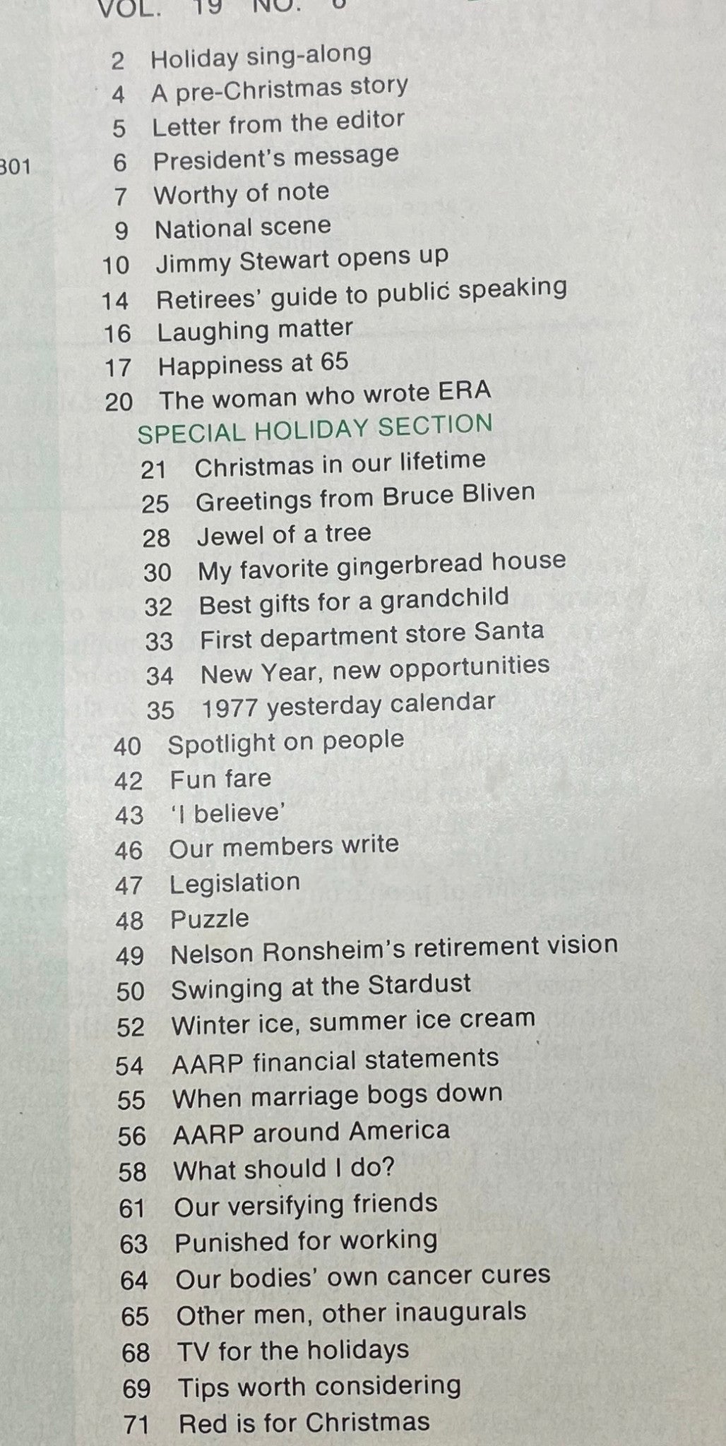 Table of contents page from VTG Modern Maturity Magazine December 1976, detailing articles and features for the 'Christmas in Our Lifetime' issue.