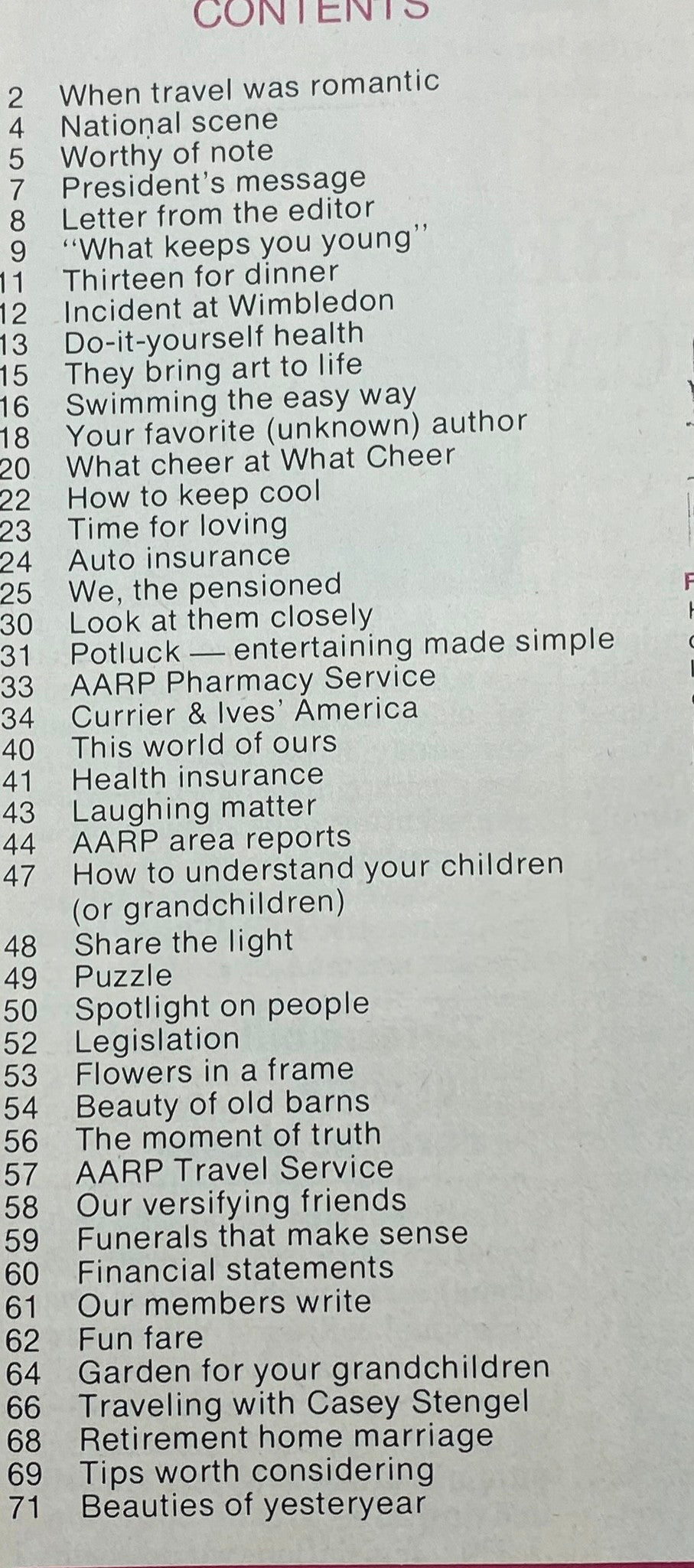 Table of contents from the VTG Modern Maturity Magazine June-July 1975, listing articles and features including topics on health, travel, and community life.