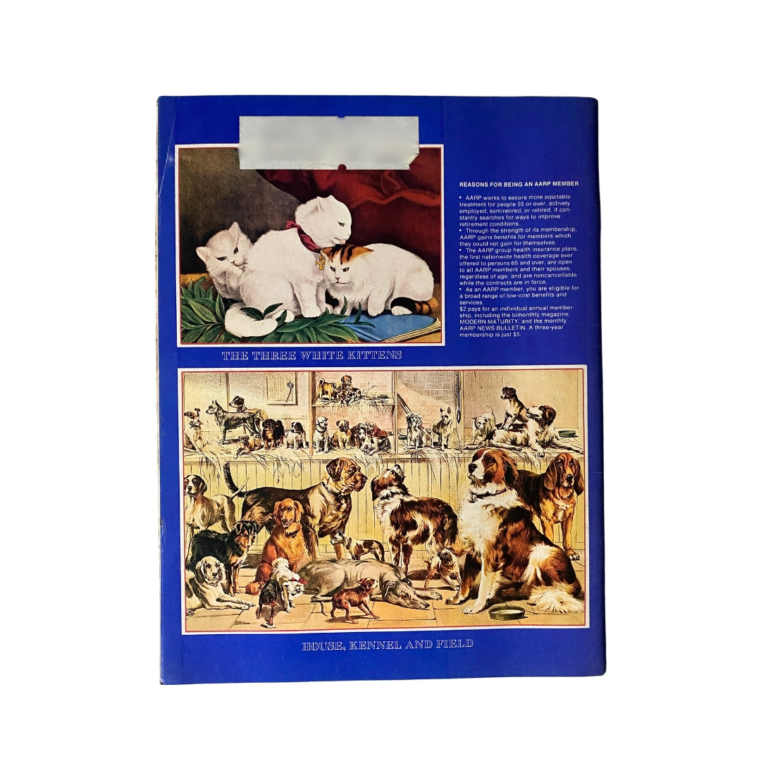 Back cover of VTG Modern Maturity Magazine from June-July 1975, featuring artwork of three white kittens and a variety of dogs, capturing the theme of 'Currier & Ives' America'.