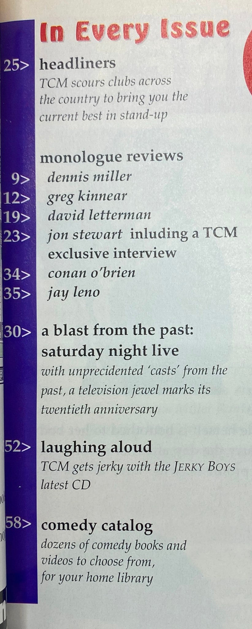 A list of features in The Comedy Magazine, January-February 1995, Issue #5 including monologue reviews and anniversary celebrations.