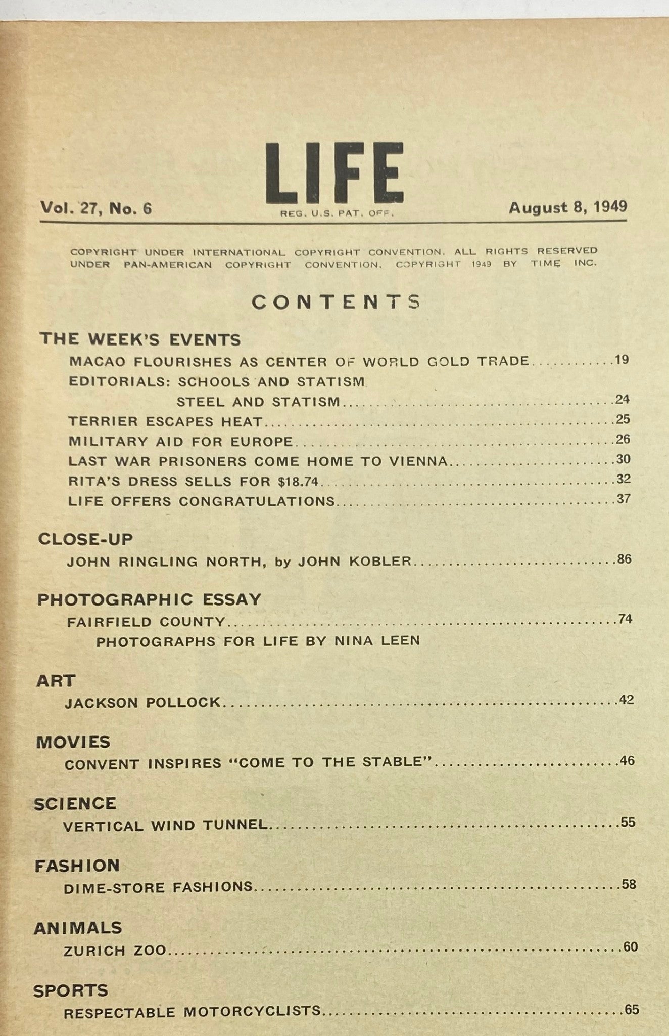 VTG Life Magazine August 8, 1949 Fairfield County, Jackson Pollock