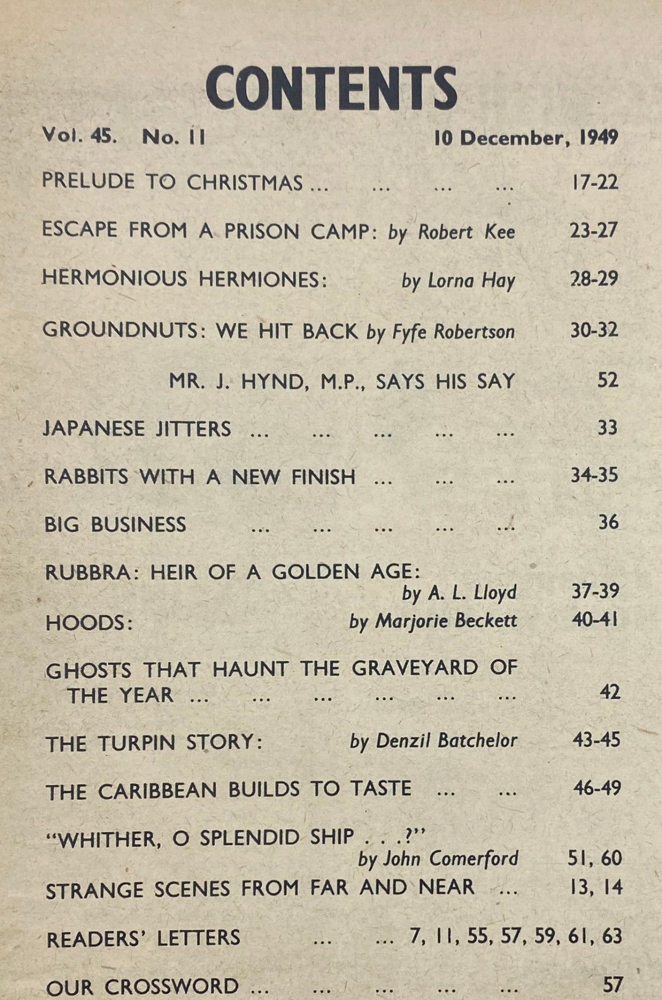 Table of contents page from VTG Picture Post Magazine December 10, 1949, listing featured articles and topics.