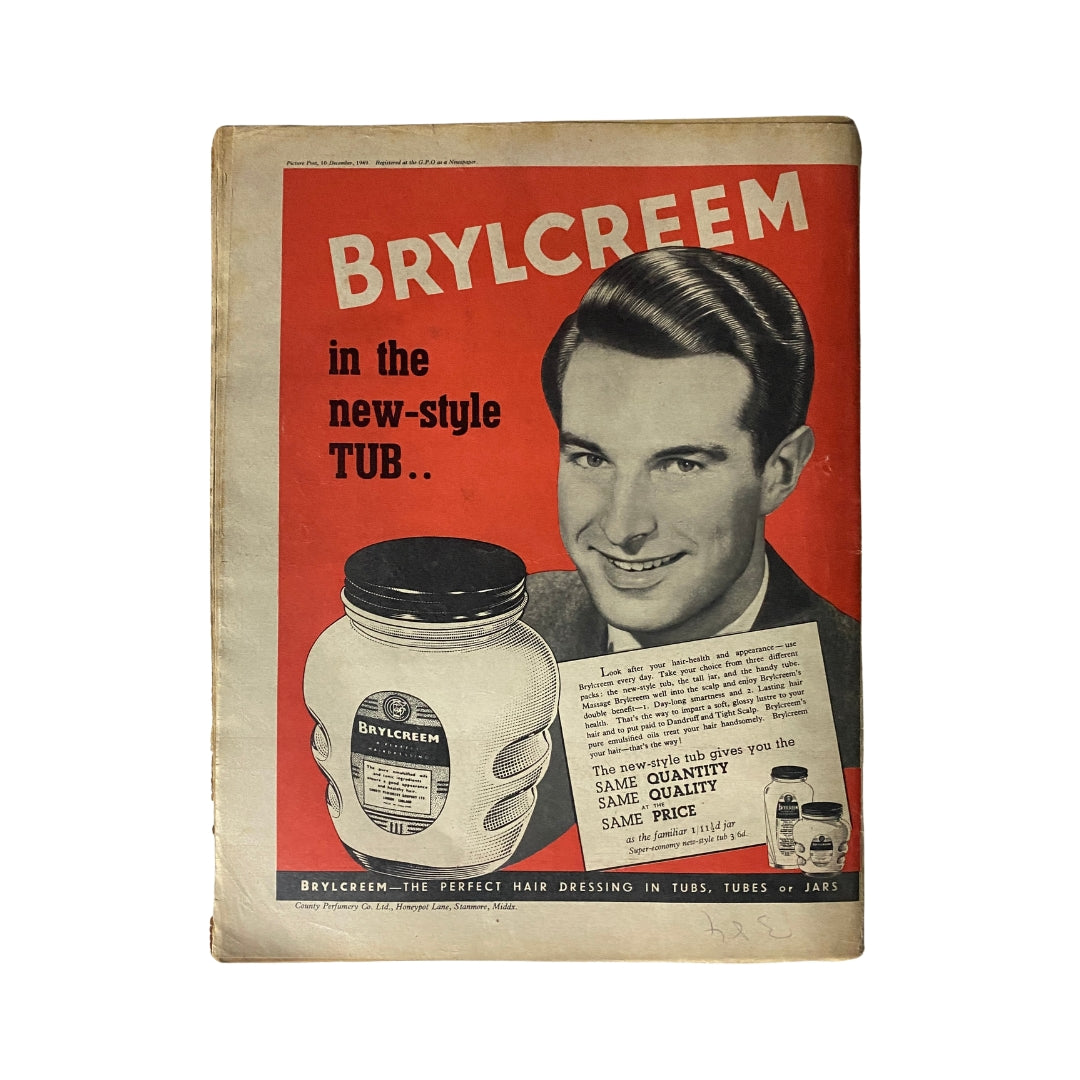 Advertisement page in VTG Picture Post Magazine December 10, 1949 for Brylcreem hair product showcasing a man and product.