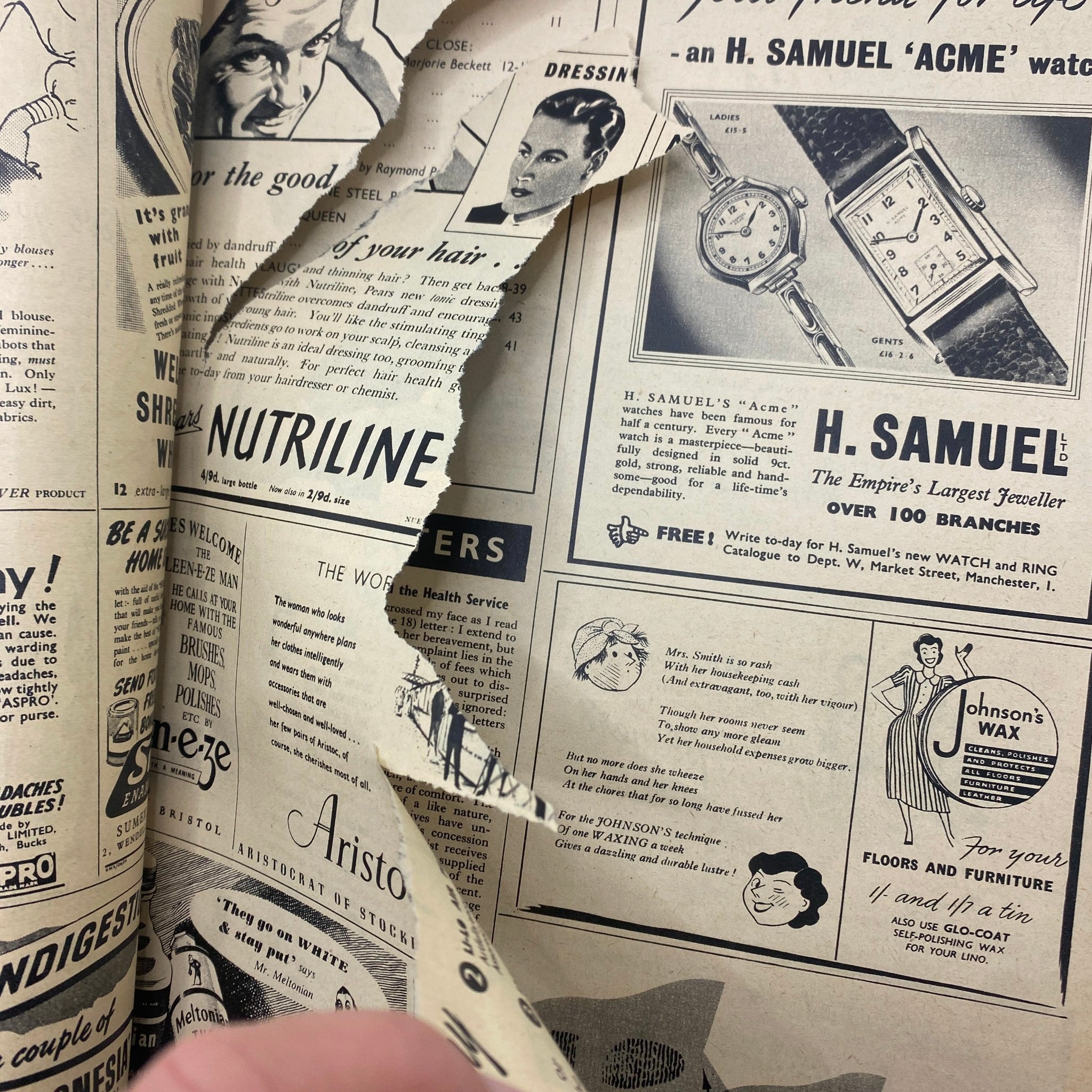 Torn pages of a vintage advertisement within Picture Post Magazine July 23, 1949, showcasing various products and features from the time.