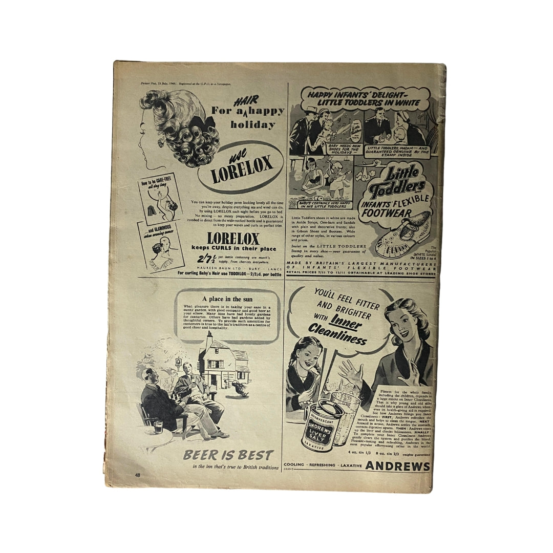Back cover of Picture Post Magazine July 23, 1949 displaying advertisements, including hair care and children's footwear, reflecting post-war British culture.