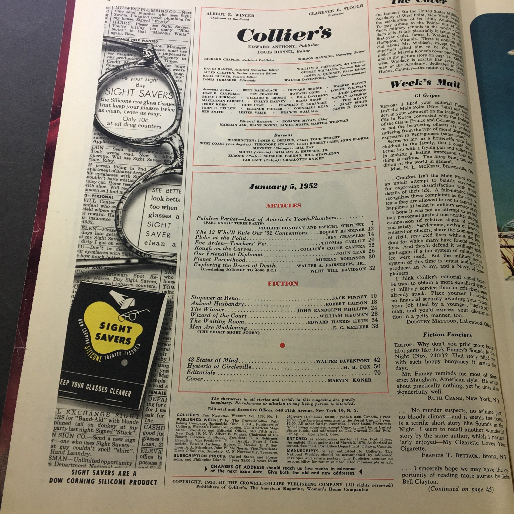 Interior page of VTG Collier's Magazine January 5 1952, showcasing articles and advertisements from the era.