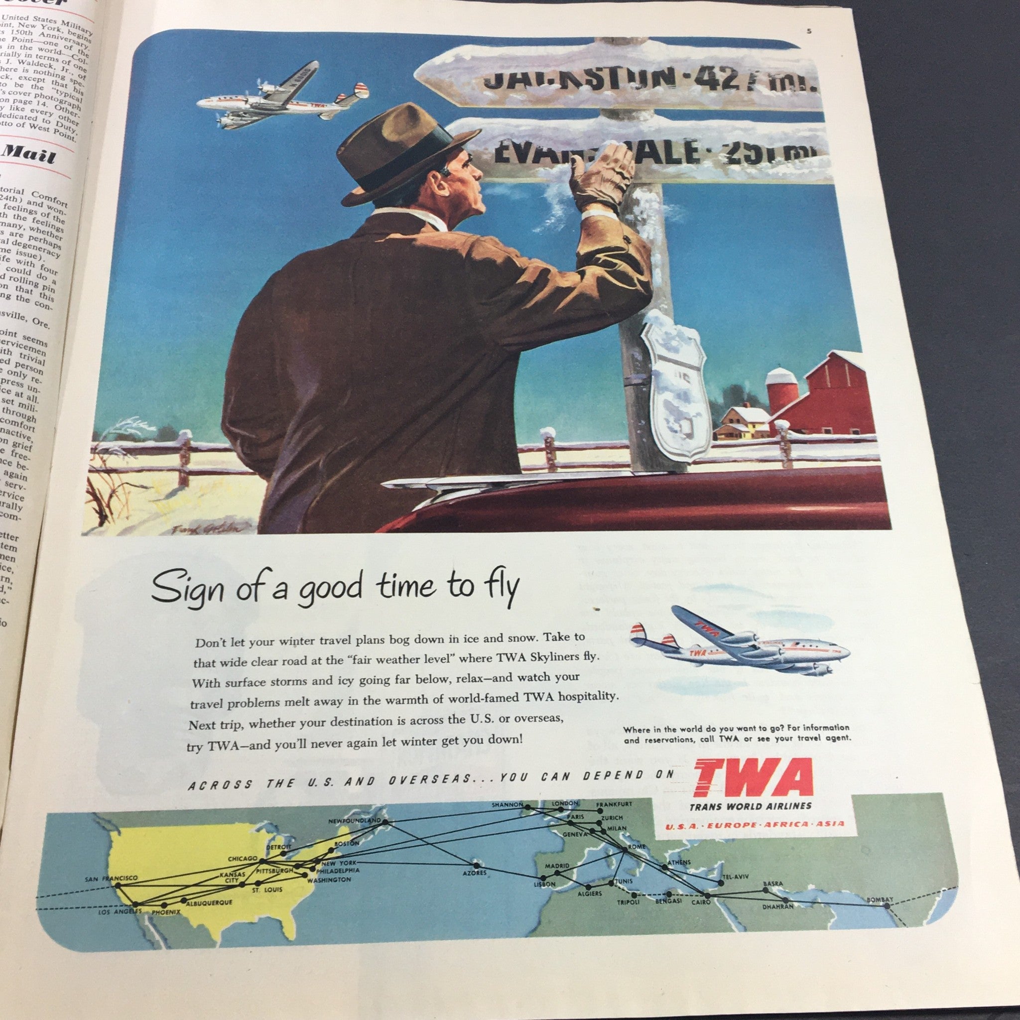 Advertisement page in VTG Collier's Magazine January 5 1952, promoting TWA air travel with a vintage illustration.