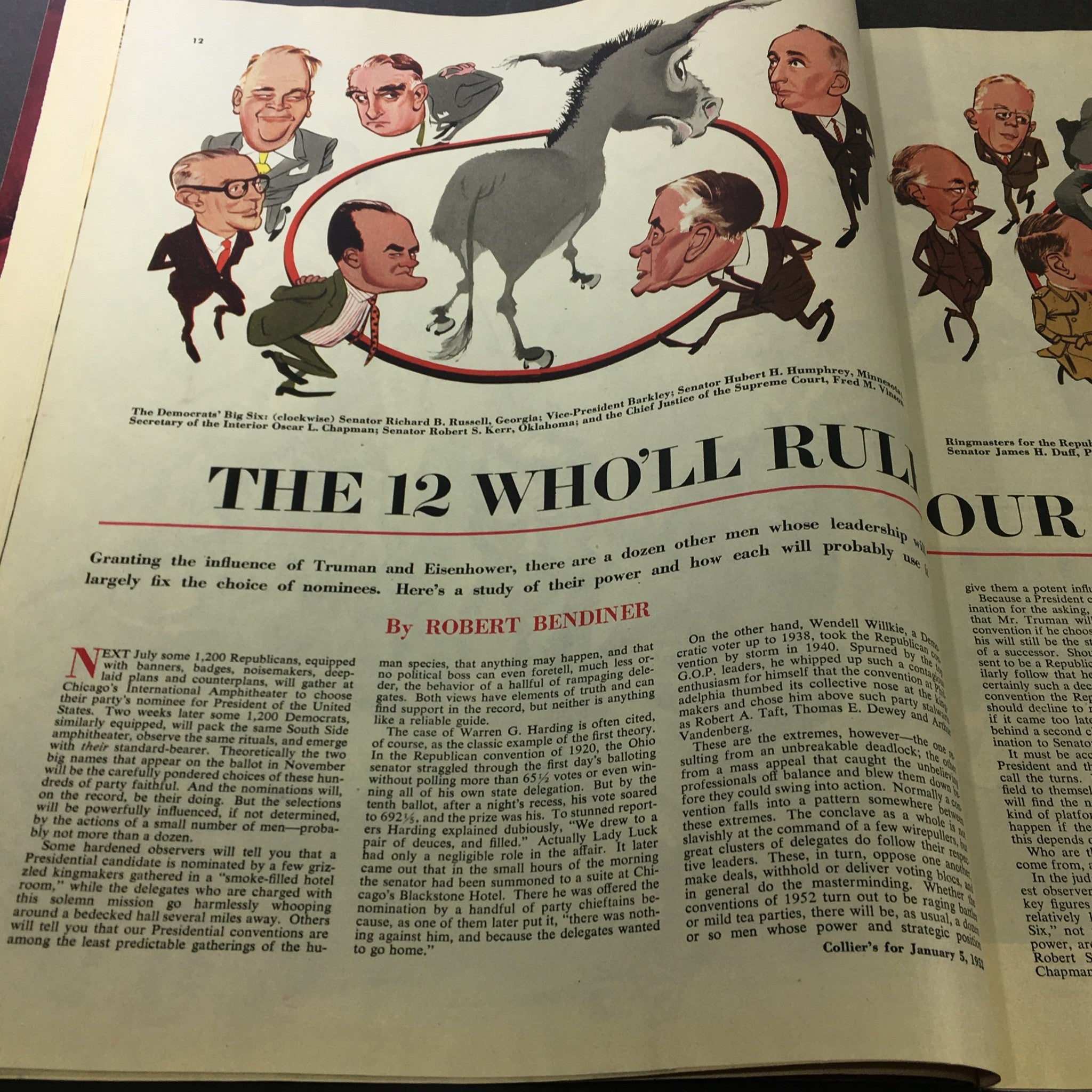 Featured article in VTG Collier's Magazine January 5 1952 titled 'The 12 Who'll Rule Our Conventions', analyzing political figures.