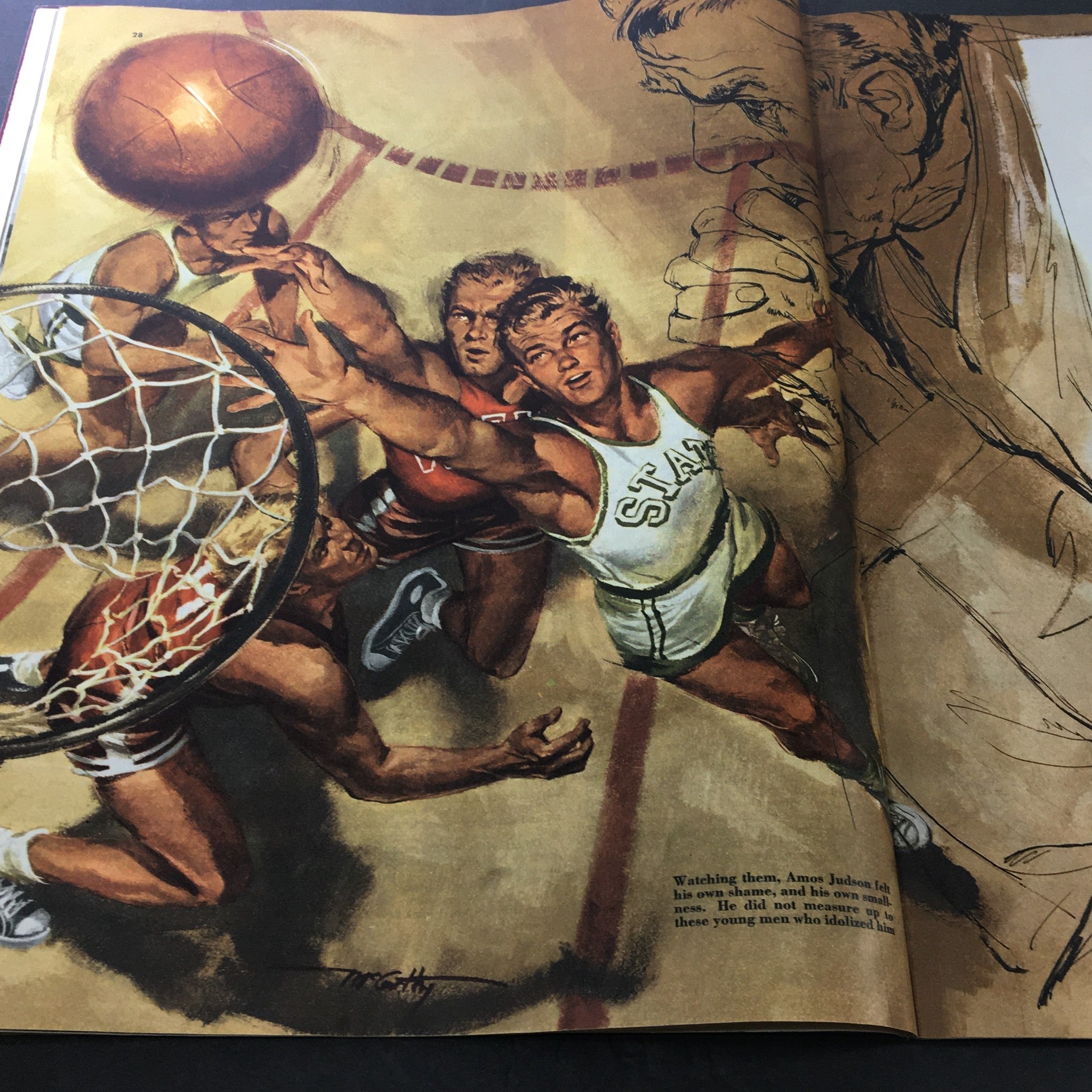 Illustration from VTG Collier's Magazine January 5, 1952 depicting a basketball scene, featuring players in action trying to score.