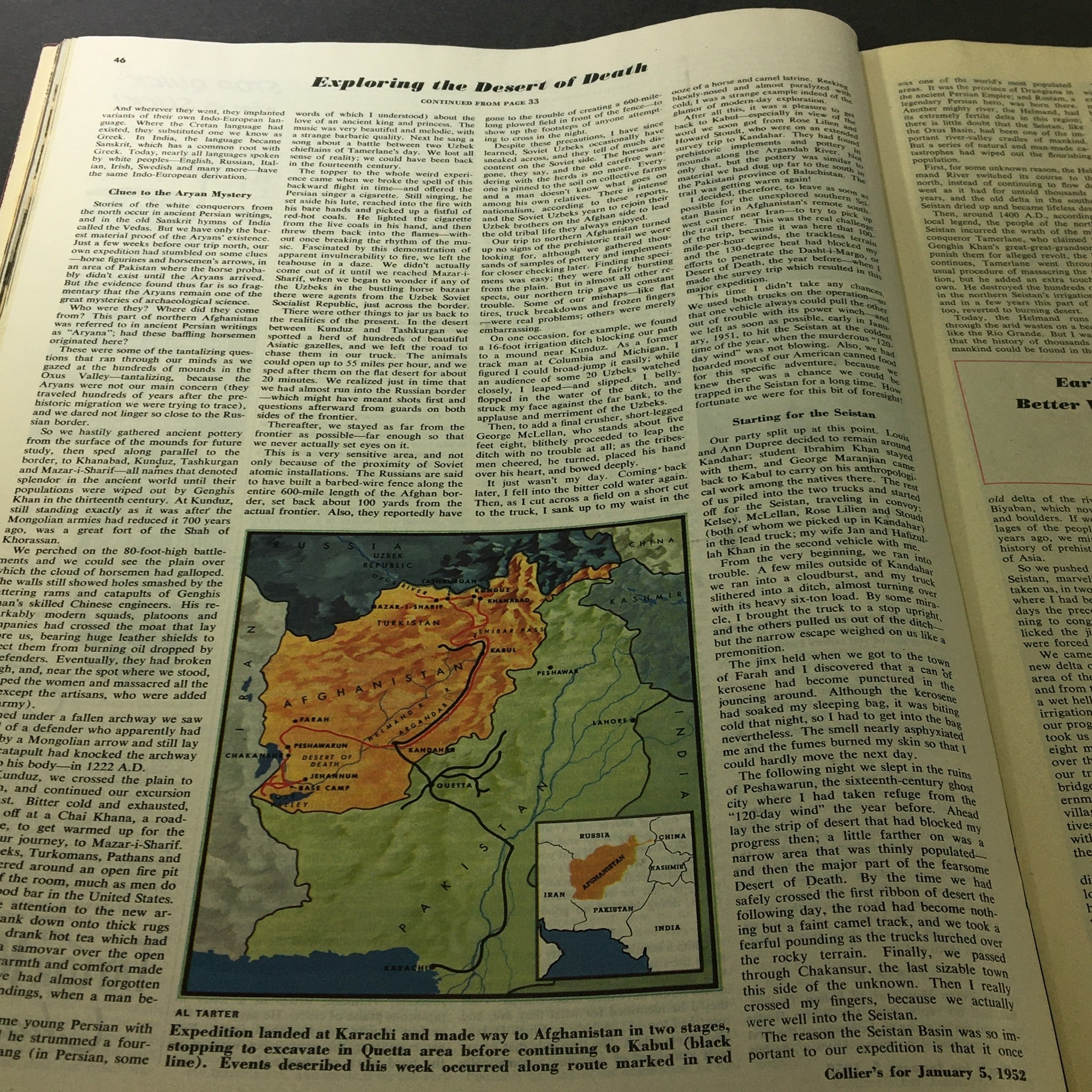 Article page exploring the 'Desert of Death' with a map, from VTG Collier's Magazine January 5, 1952, detailing an expedition in Afghanistan.