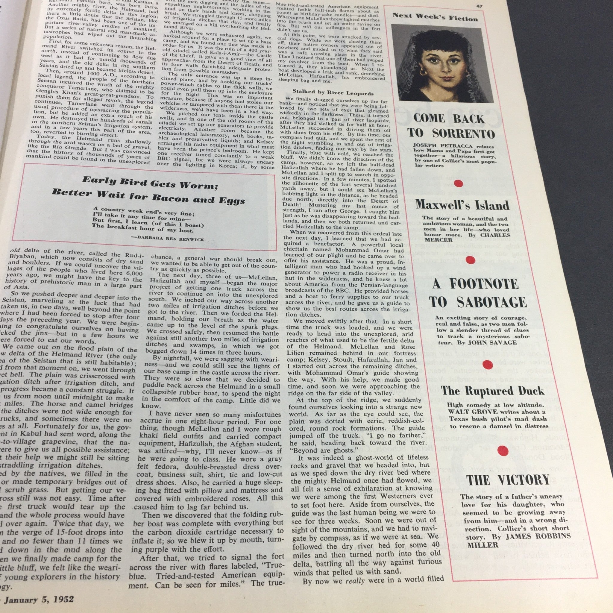 Article page with various short stories and advertisements from VTG Collier's Magazine January 5, 1952.