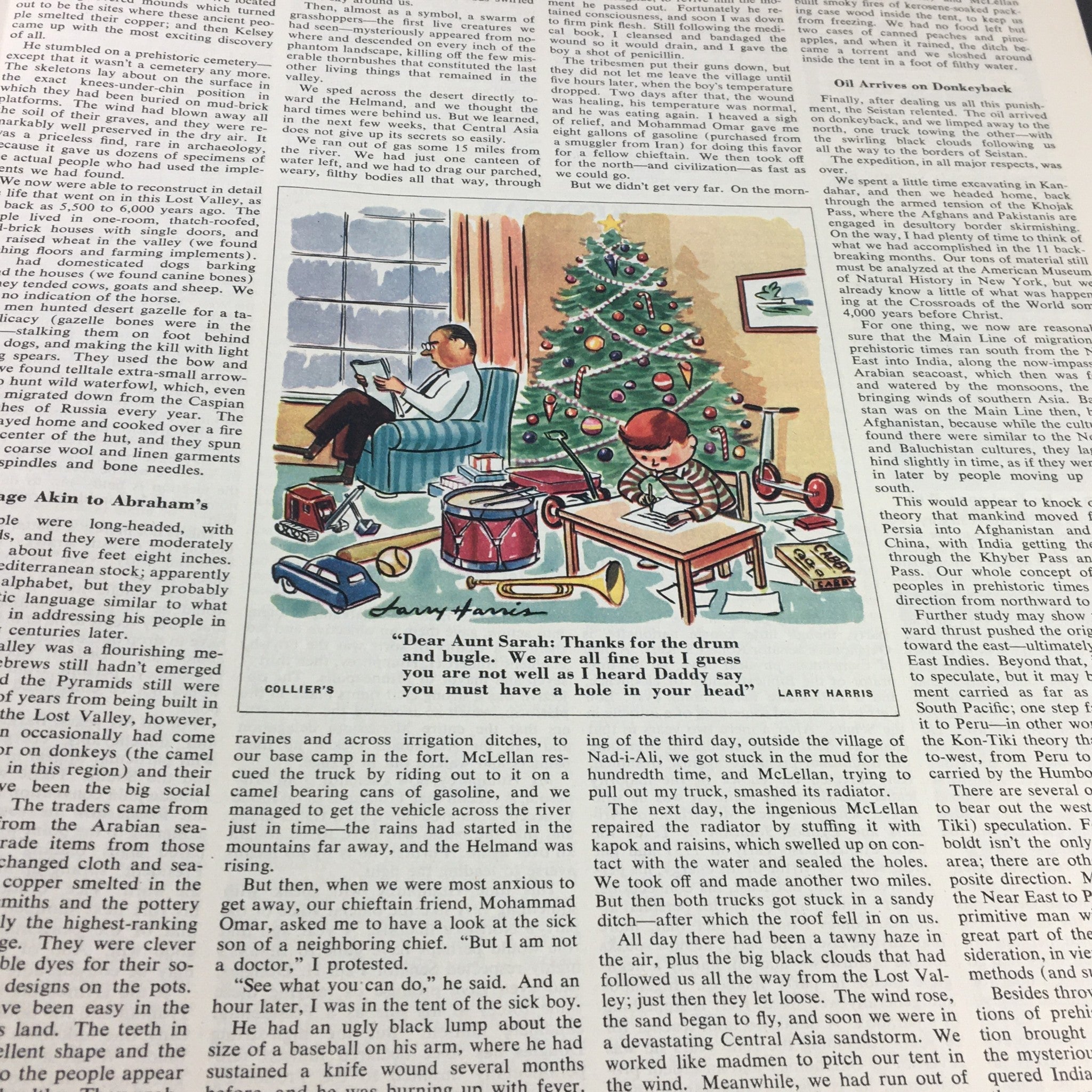 Colorful illustration of a family scene during Christmas from VTG Collier's Magazine January 5, 1952, showing a child with toys beside a Christmas tree.
