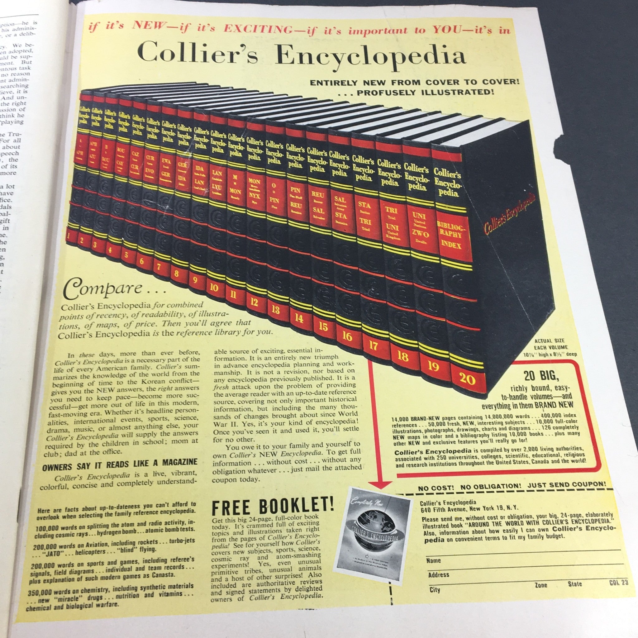 Advertisement for Collier's Encyclopedia featured in VTG Collier's Magazine January 5 1952, highlighting the comprehensive reference work.