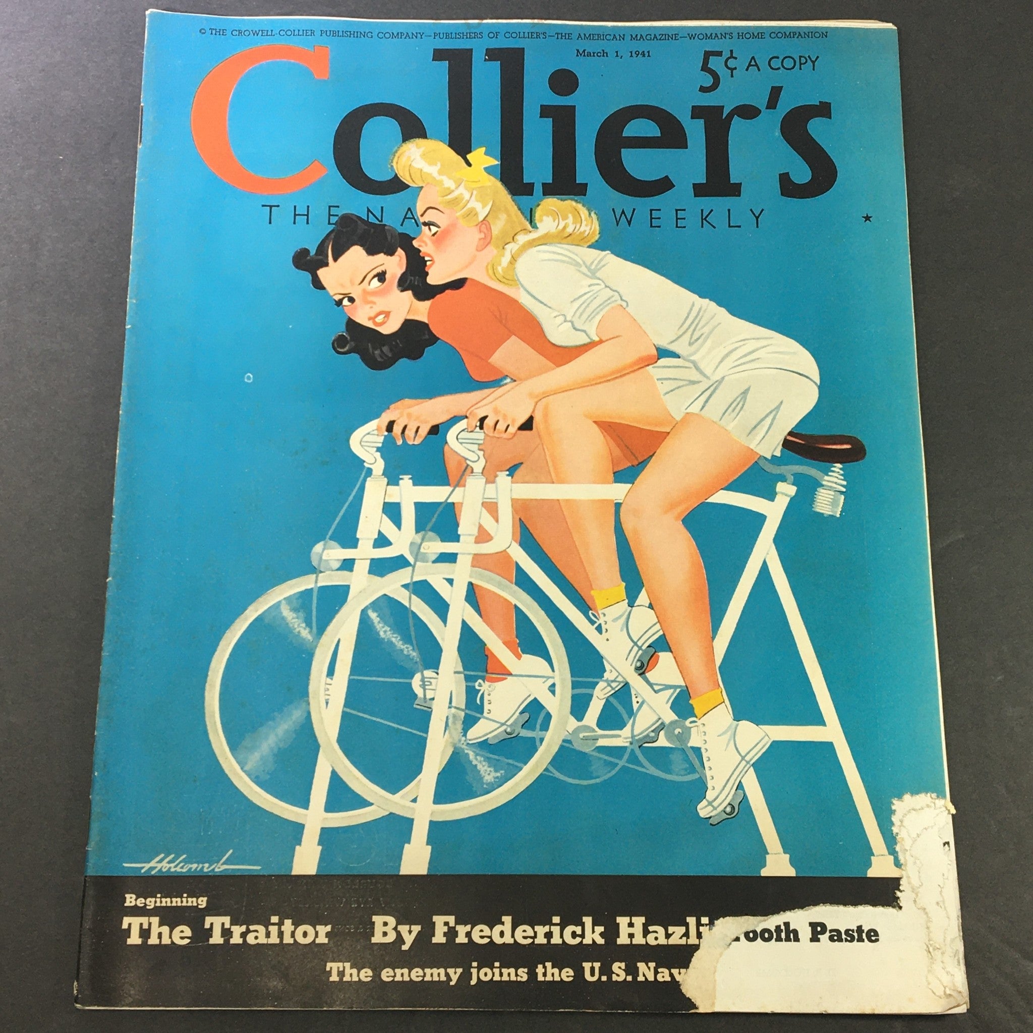 VTG Collier's Magazine March 1 1941 featuring colorful cover art of two women on bicycles, showcasing the vintage style of the era.