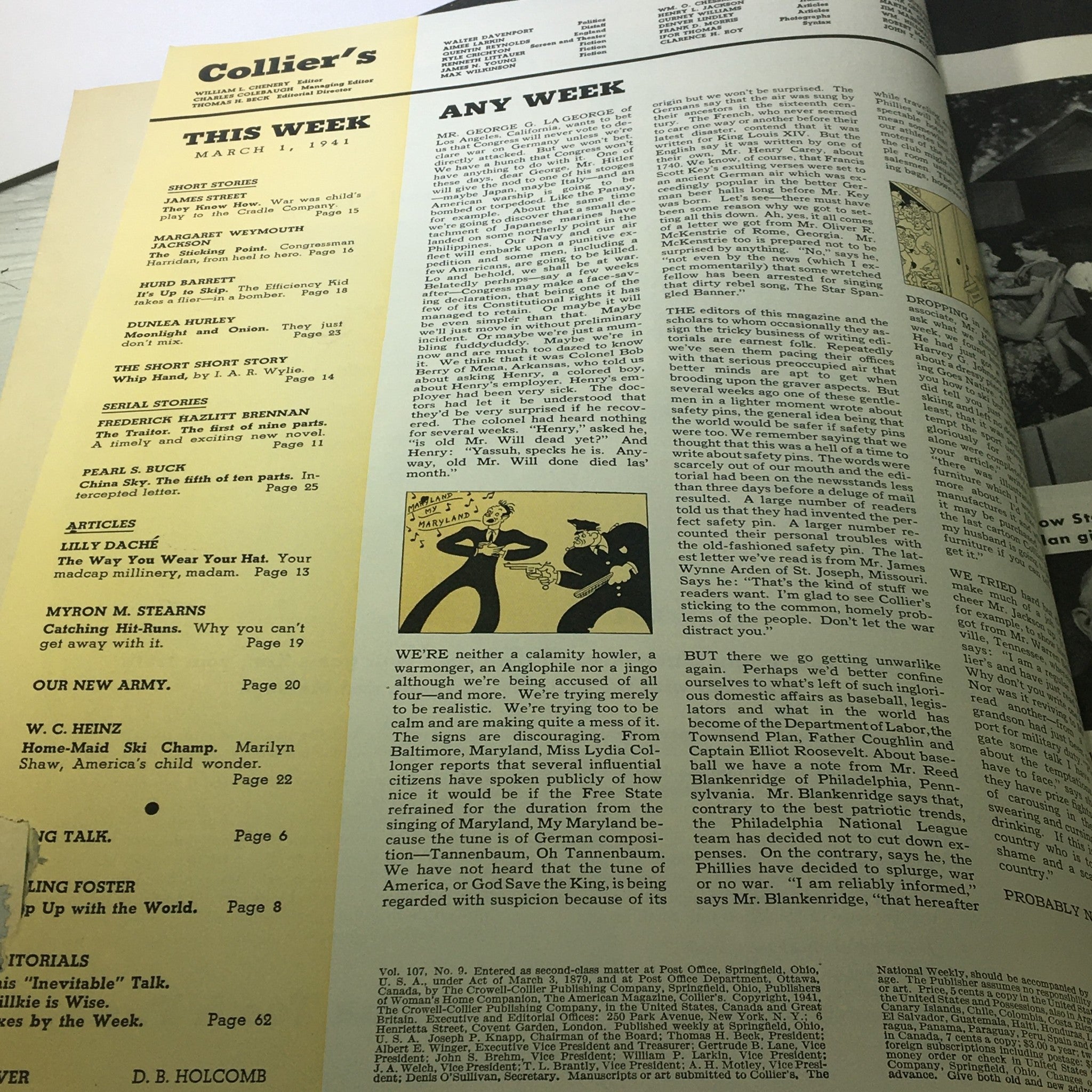 Interior page of VTG Collier's Magazine March 1 1941 displaying the contents and article titles for that issue, offering a glimpse into the historical context.