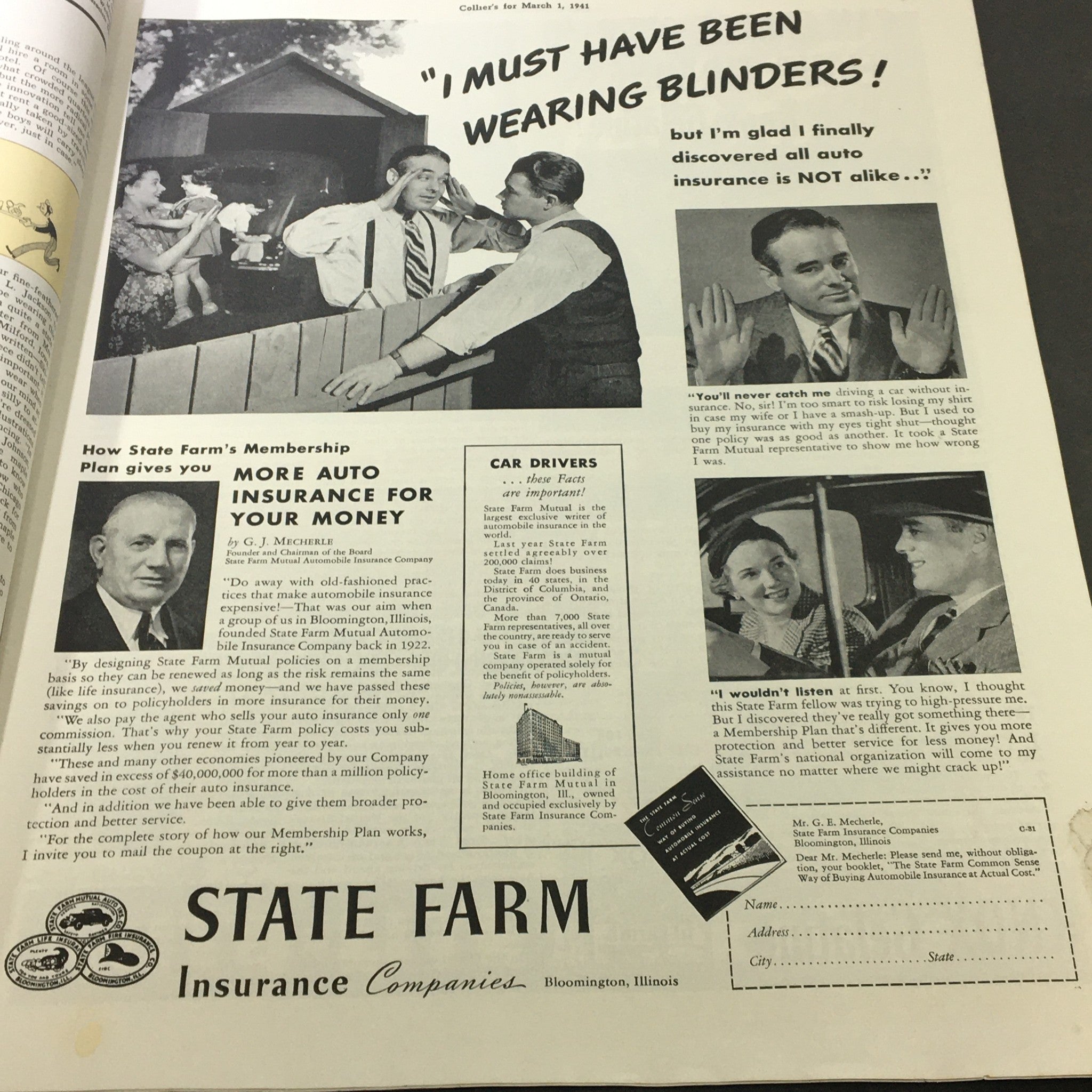 Collier's Magazine March 1 1941 advertisement featuring State Farm's Auto Insurance plan, illustrating various characters discussing coverage options.