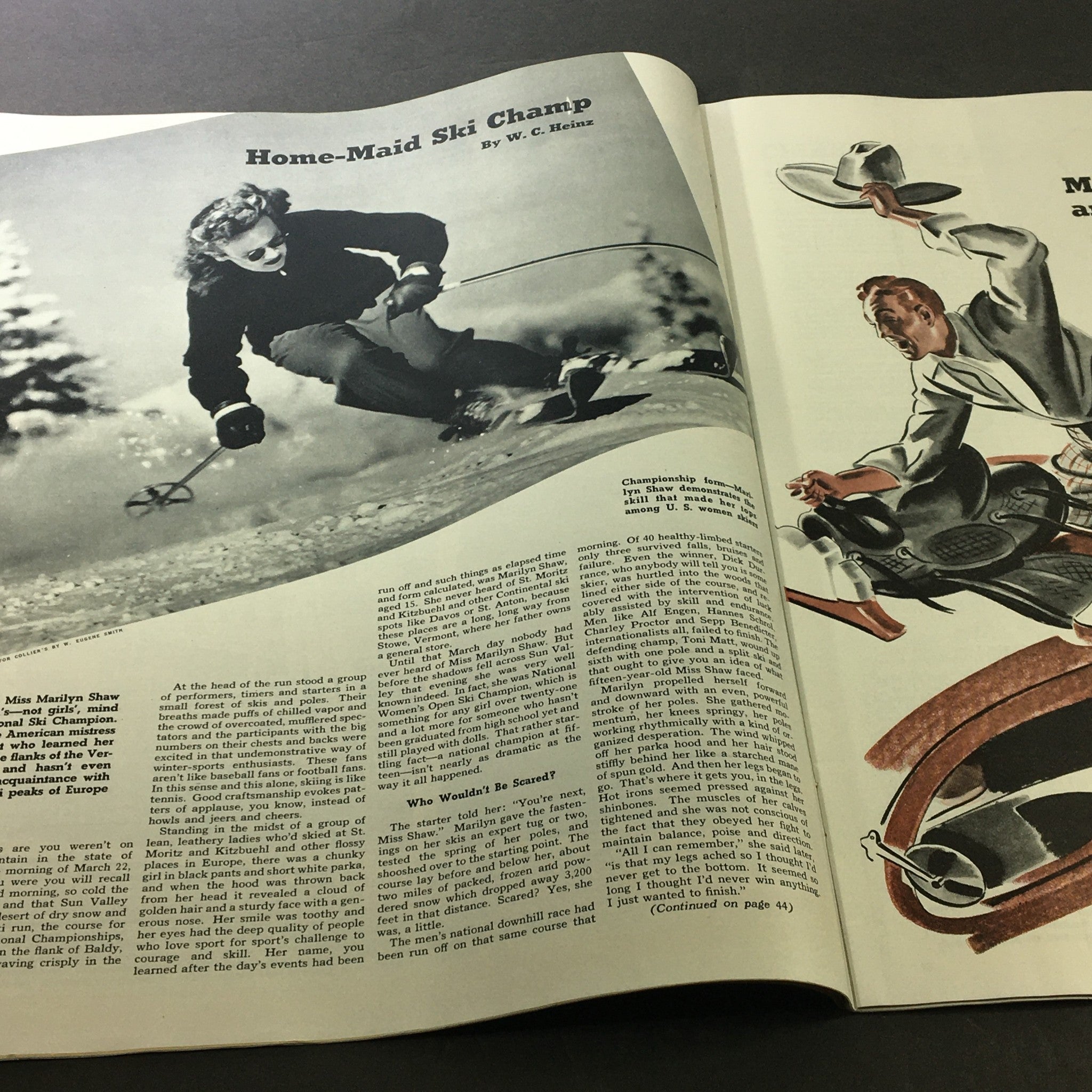Collier's Magazine March 1 1941 article titled 'Home-Maid Ski Champ' highlighting a female skier, showcasing vintage skiing culture in the 1940s.