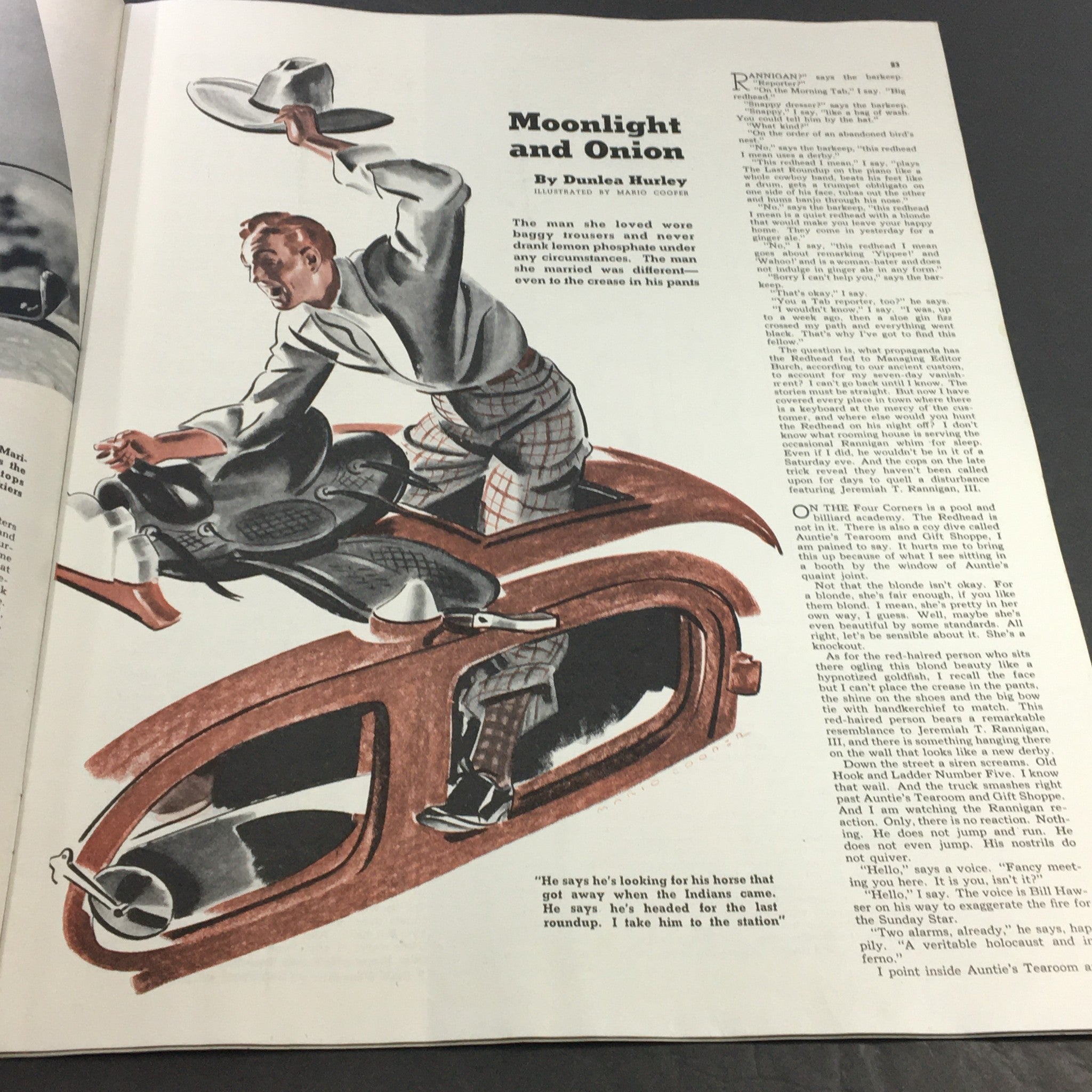 Collier's Magazine March 1 1941 illustration titled 'Moonlight and Onion,' depicting a man in historic attire interacting with a horse and vintage automobile.