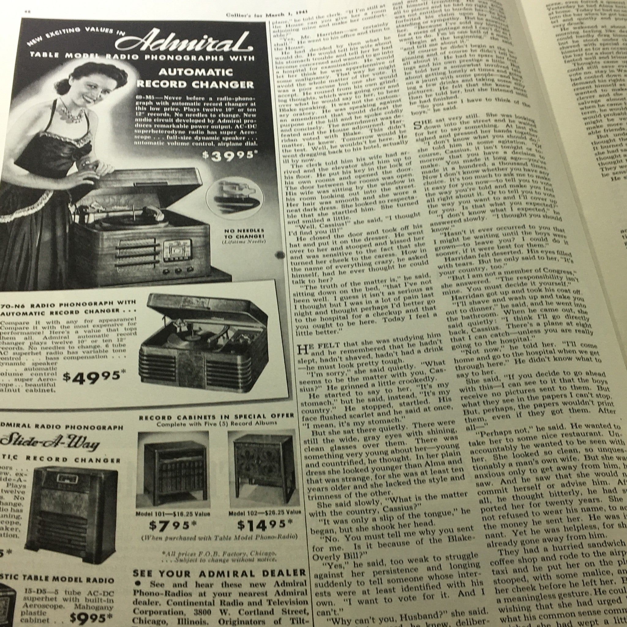 Collier's Magazine March 1 1941 advertisement for Admiral Table Model Radio Phonographs with Automatic Record Changer, featuring a woman demonstrating the product.
