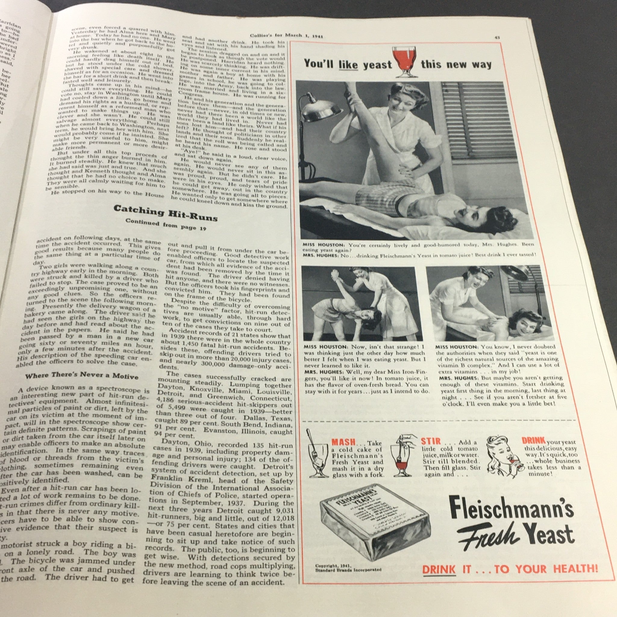Collier's Magazine March 1 1941 article showing an advertisement for Fleischmann's Fresh Yeast alongside a humorous dialogue between characters about the product.