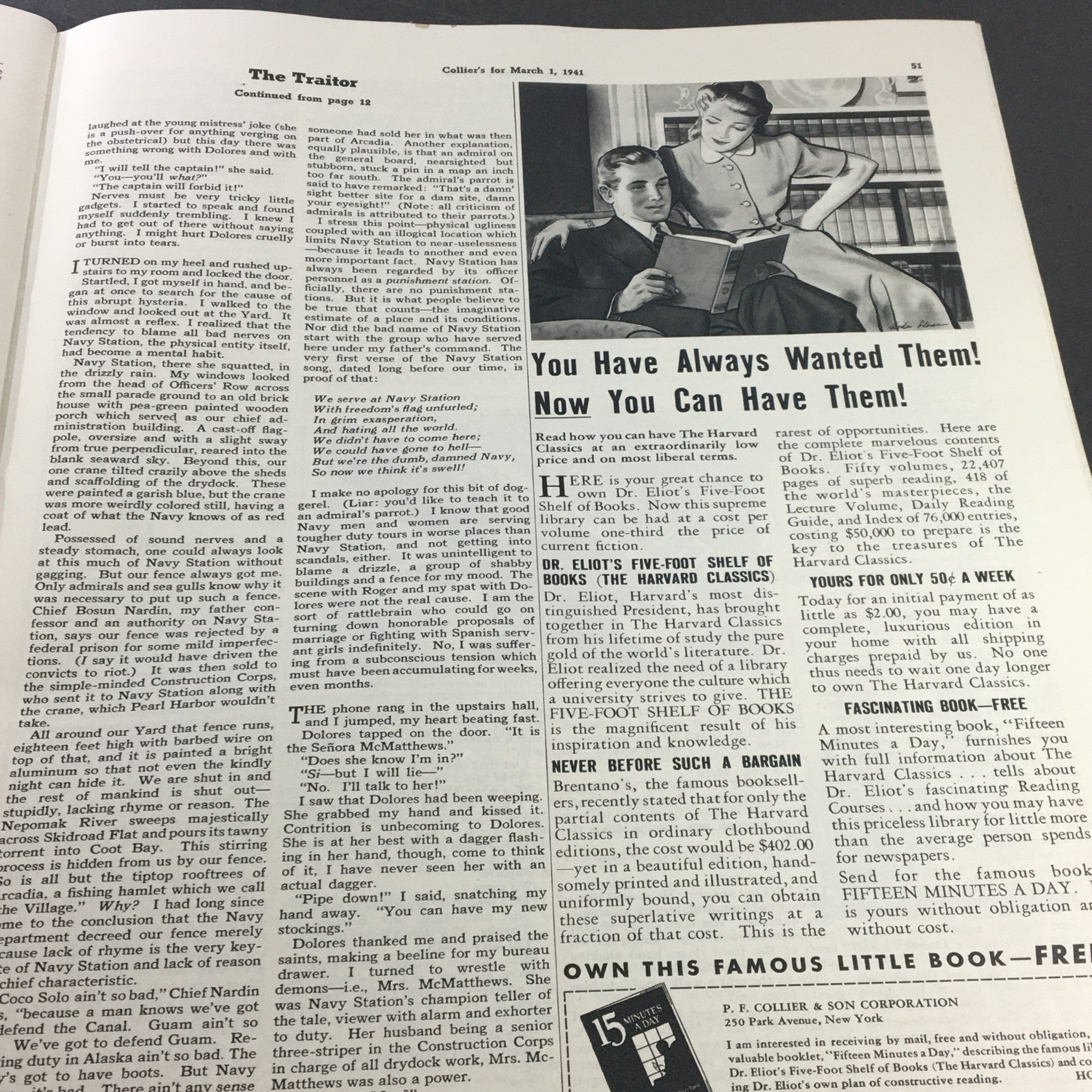 Page from VTG Collier's Magazine March 1 1941 featuring a narrative titled 'The Traitor' with illustrations, reflecting the writing style and design of the early 1940s.
