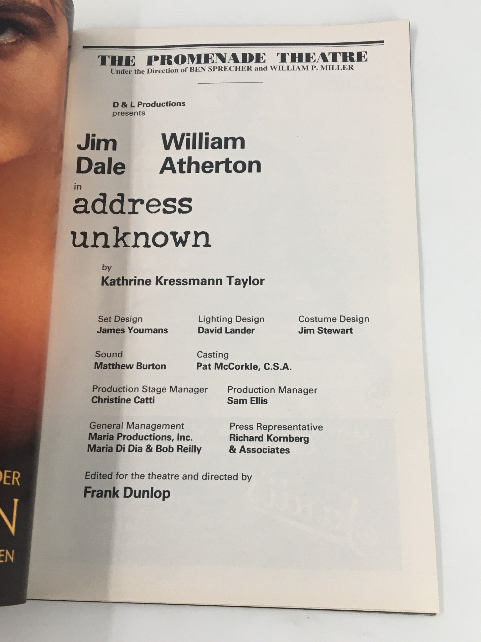 2004 Playbill The Promenade Theatre Jim Dale William Atherton in Address Unknown