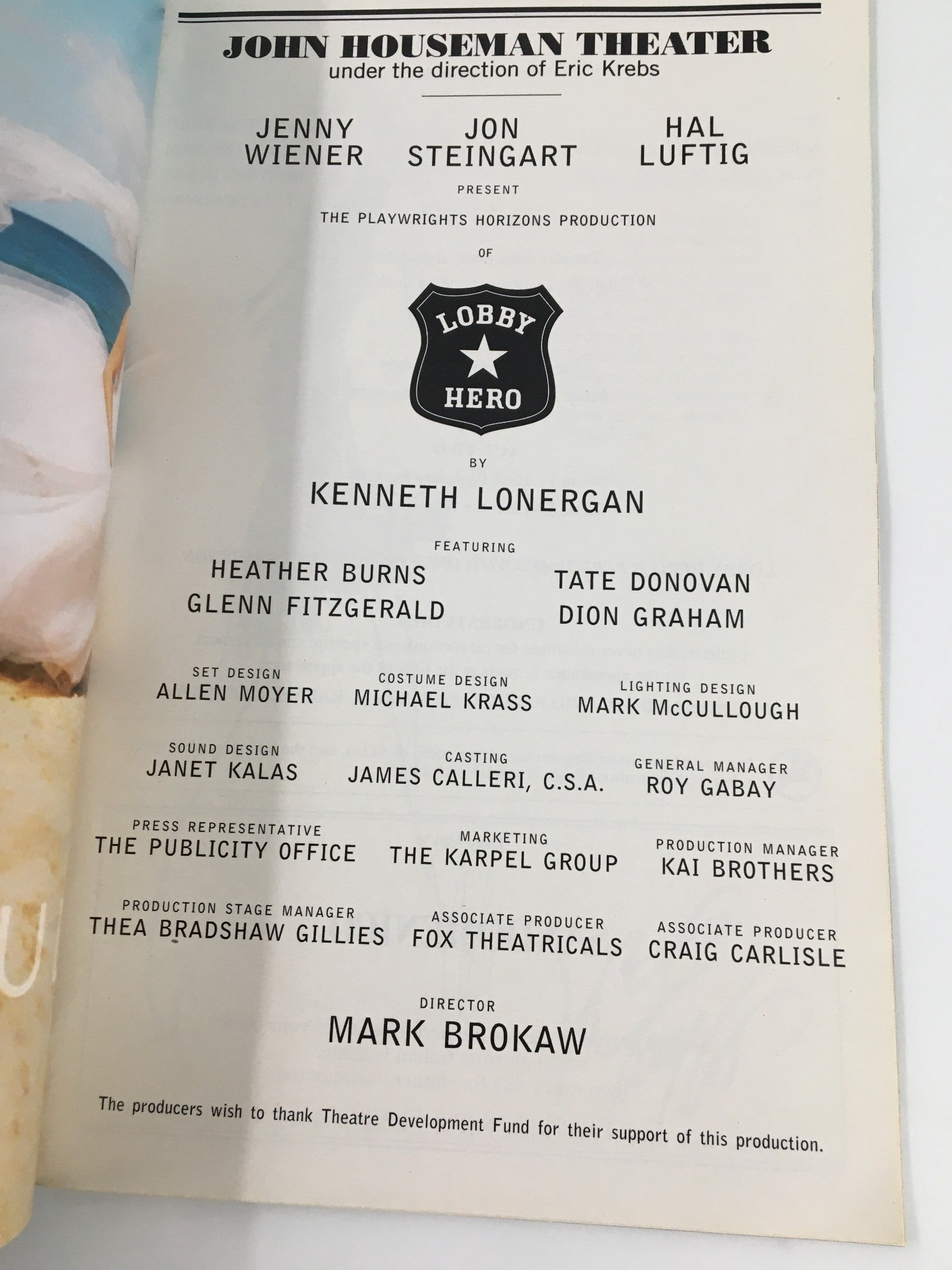 2001 Playbill John Houseman Theater Jenny Wiener, Hal Luftig in Lobby Hero