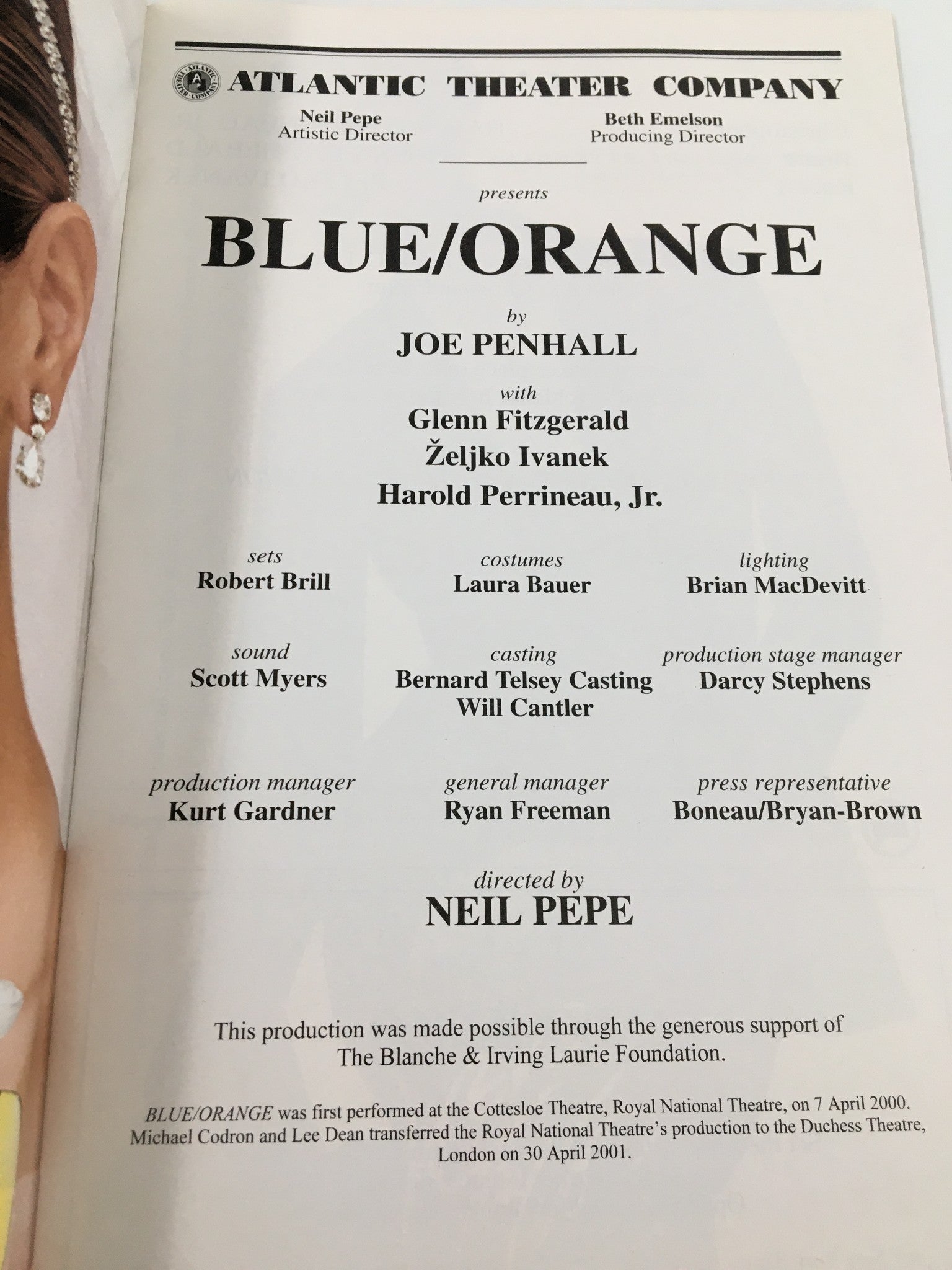 2002 Playbill Atlantic Theater Company Glenn Fitzgerald in Blue / Orange