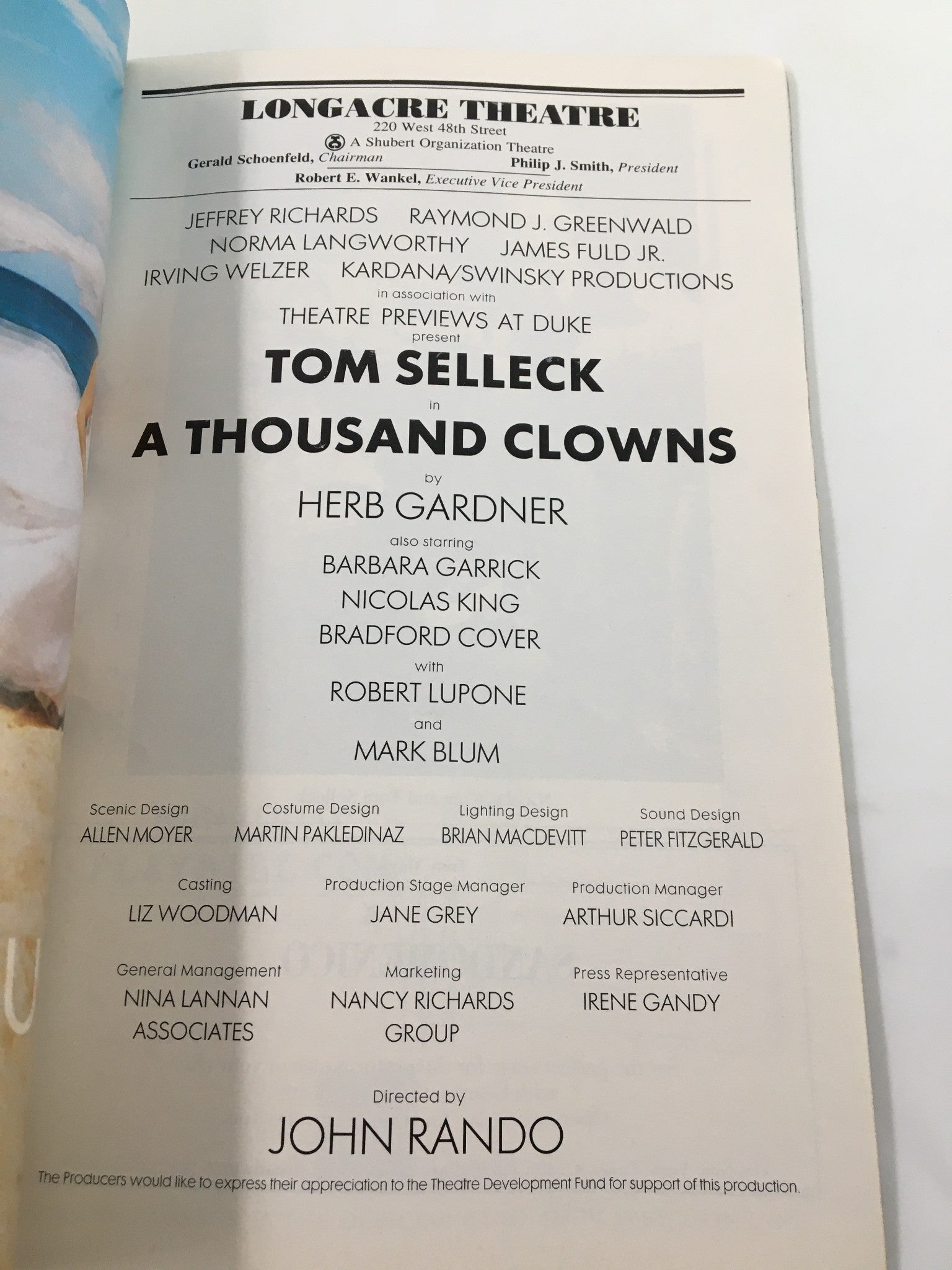 2001 Playbill Longacre Theatre Tom Selleck in A Thousand Clowns