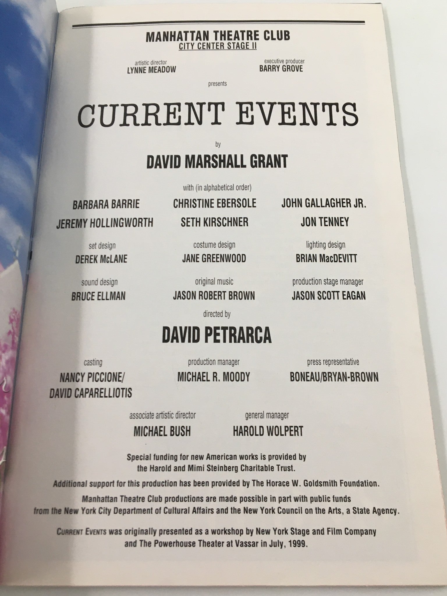 2000 Playbill Manhattan Theatre Club Current Events by David Marshall Grant