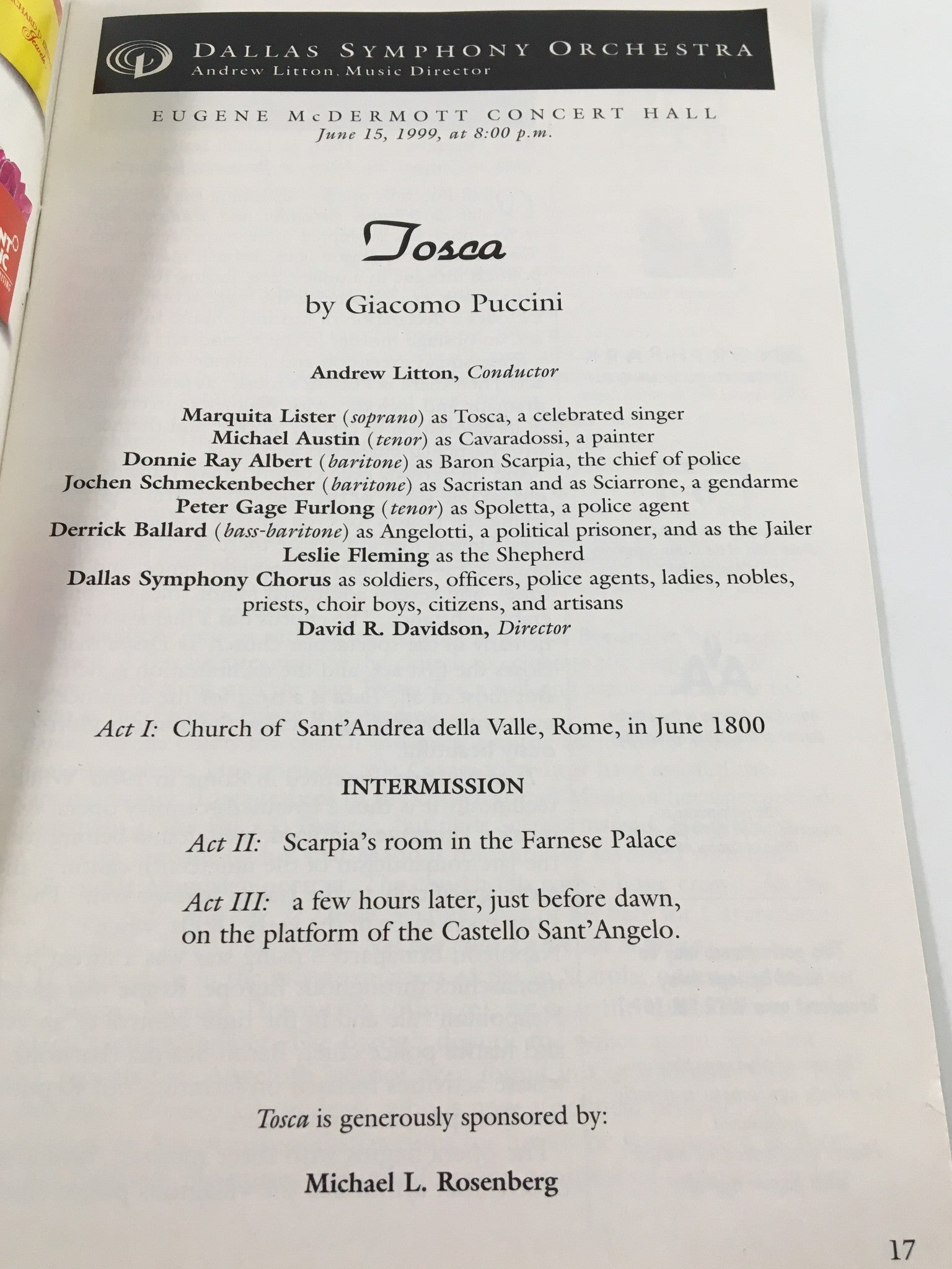 1999 Stagebill Dallas Symphony Orchestra Tosca by Giacomo Puccini