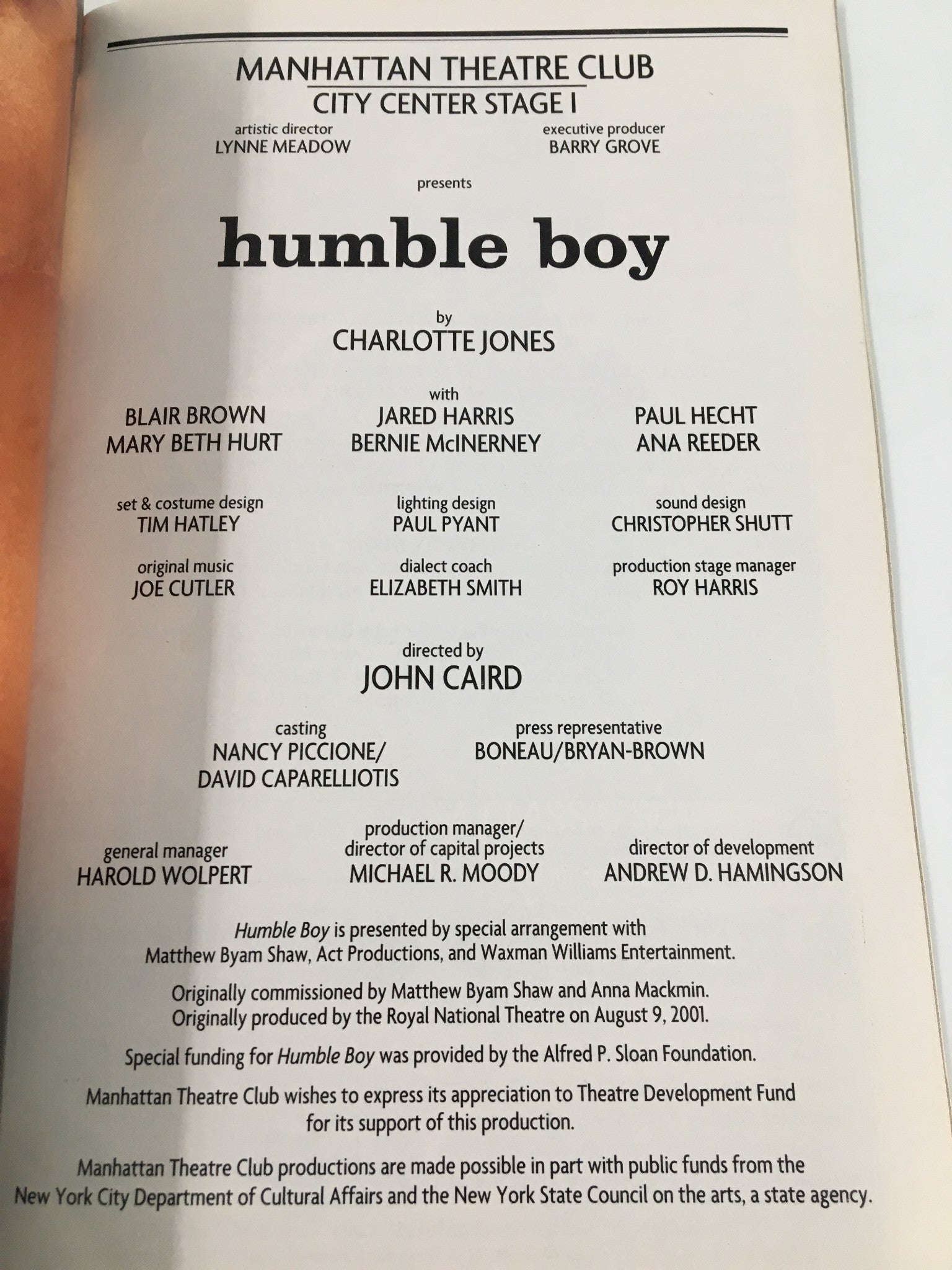 2003 Playbill Manhattan Theatre Club Blair Brown, Jared Harris in Humble Boy