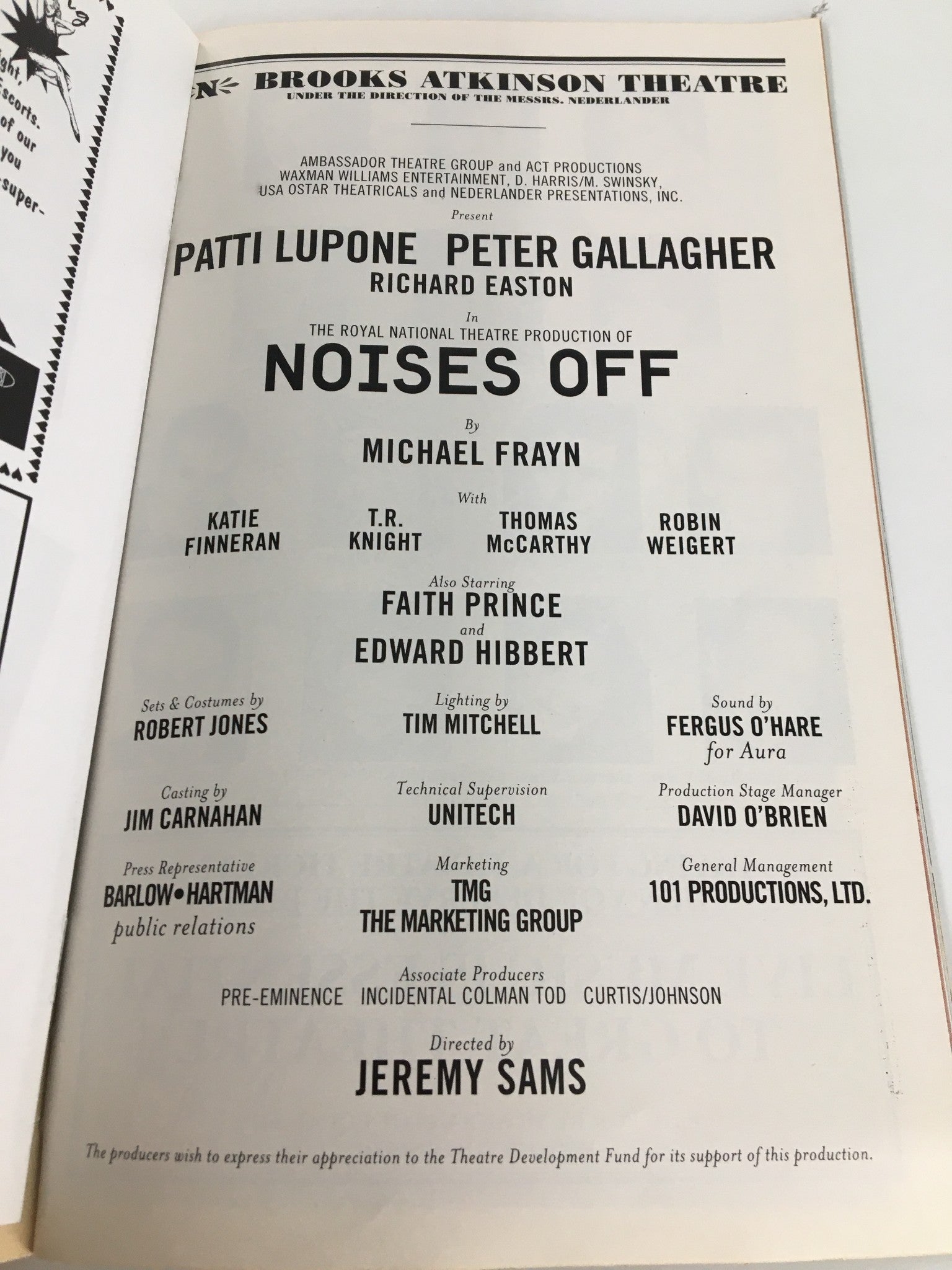 2001 Playbill Brooks Atkinson Theatre Patti Lupone, T.R. Knight in Noises Off