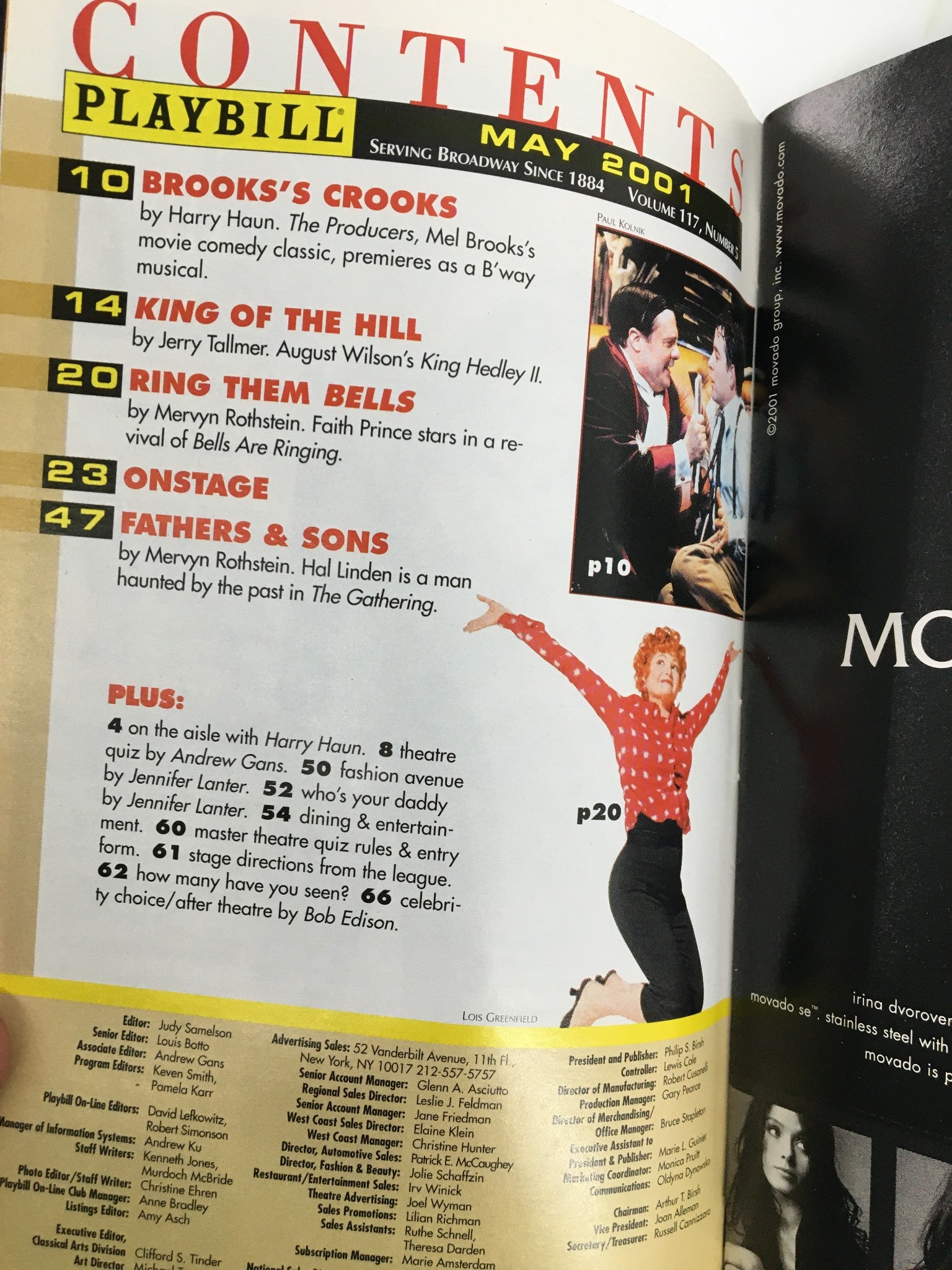 Contents page of the 2001 Playbill for Thief River with headlines including Brooks' Crooks and King of the Hill, showcasing various productions.