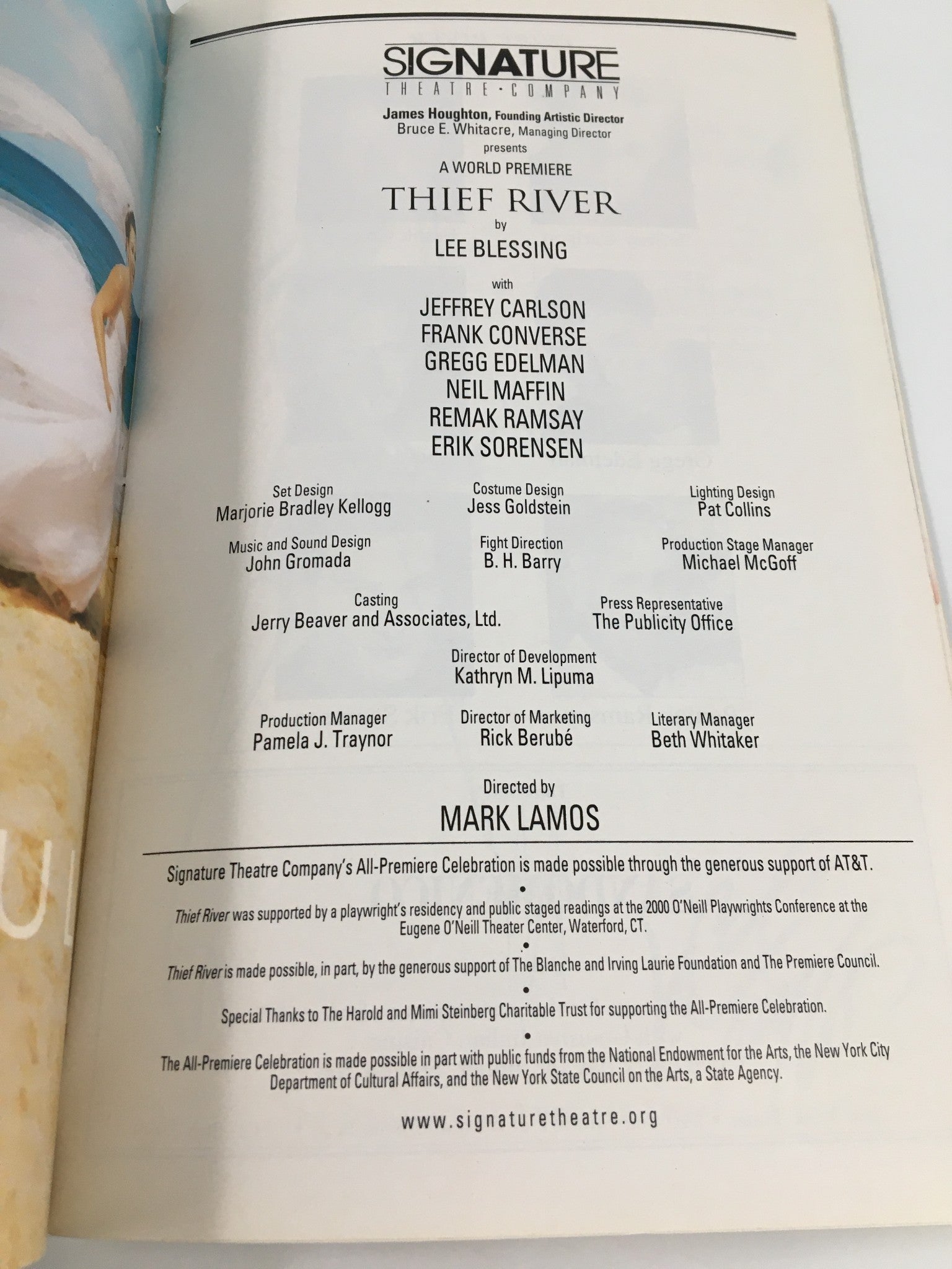 Page from the 2001 Playbill for the Signature Theatre Company’s Thief River, listing cast and crew credits under the direction of Lee Blessing.