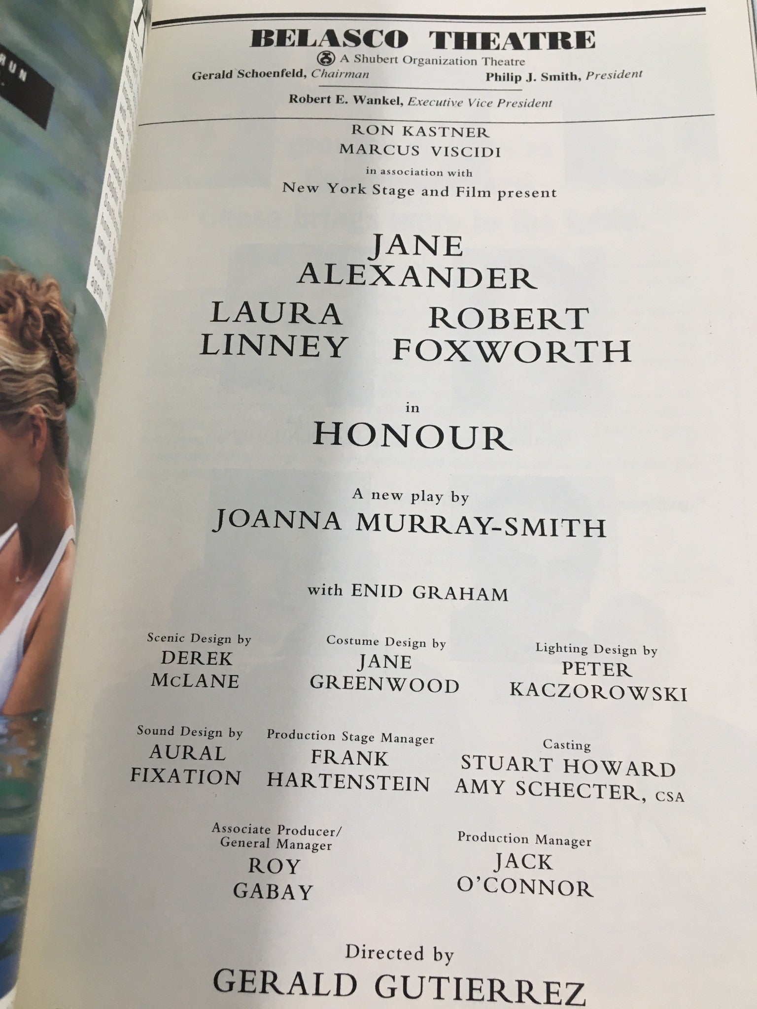 1998 Playbill Belasco Theatre Jane Alexander, Laura Linney in Honour