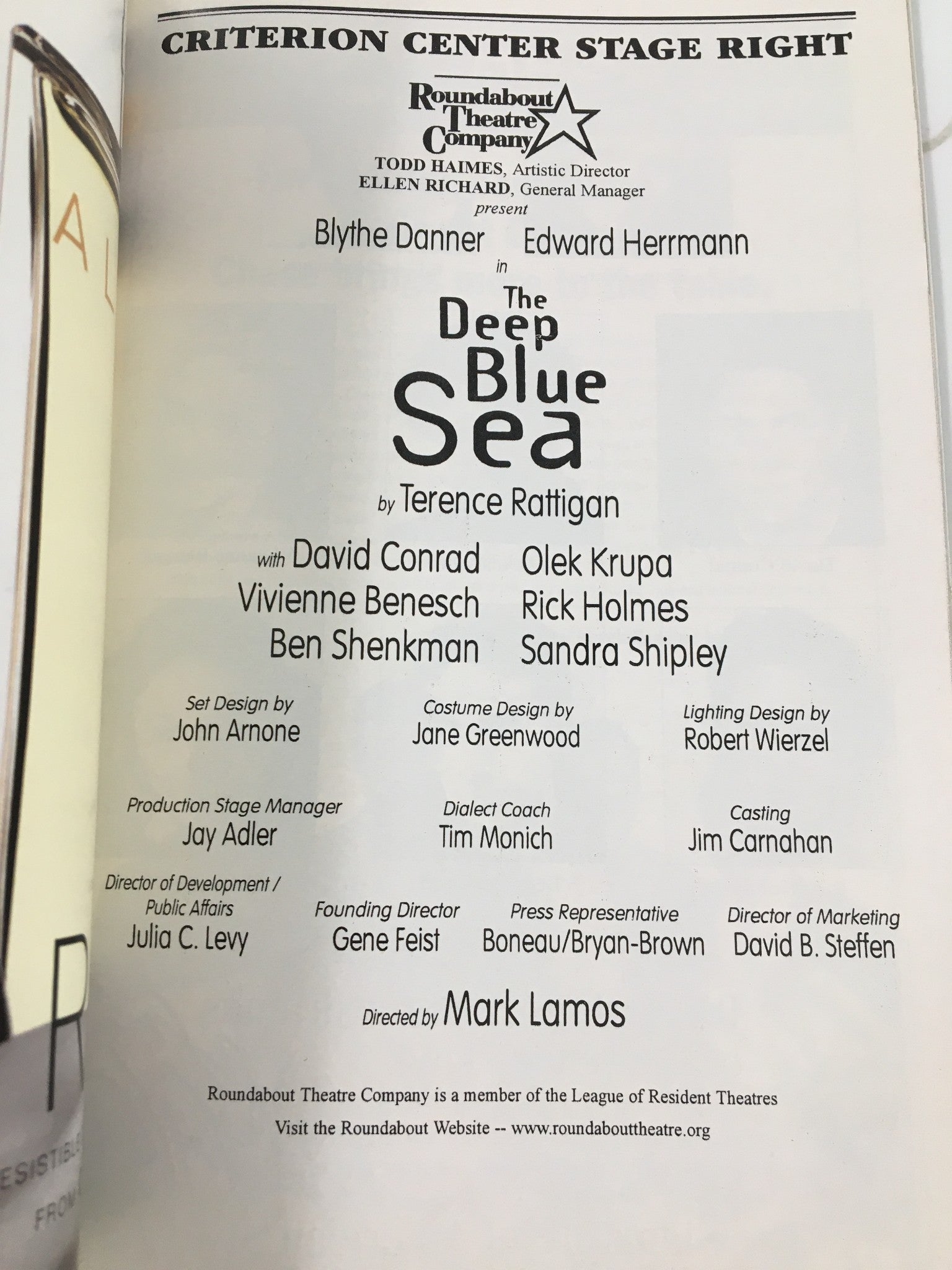 1998 Playbill Criterion Center Stage Right David Conrad in The Deep Blue Sea