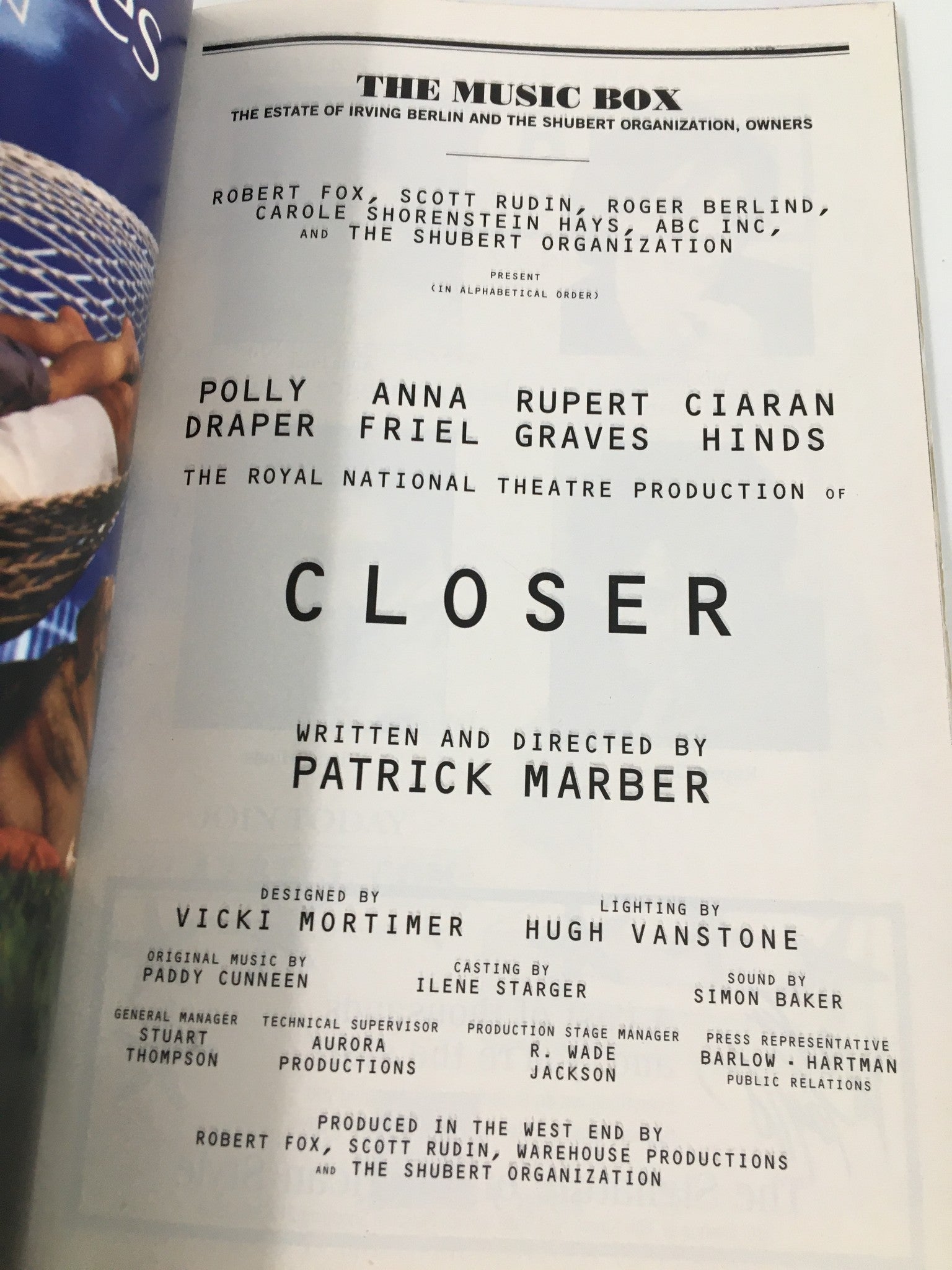 1999 Playbill The Music Box Polly Draper, Anna Friel in Closer by Patrick Marber