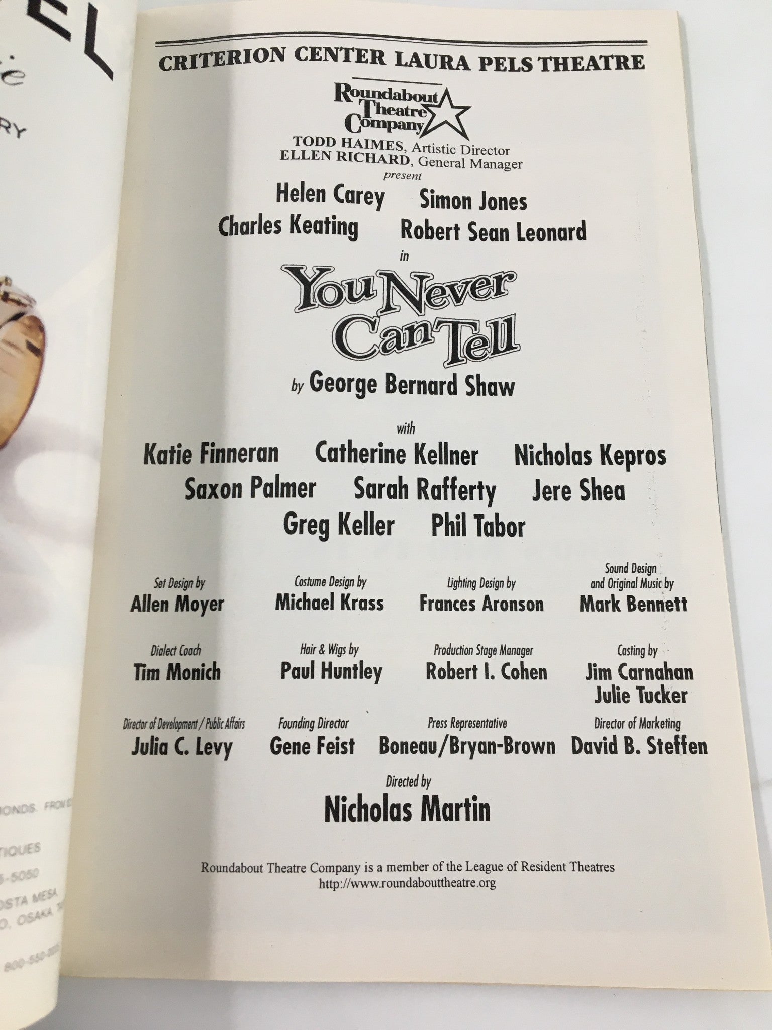 1998 Playbill Criterion Center Laura Pels Theatre Simon Jones You Never Can Tell