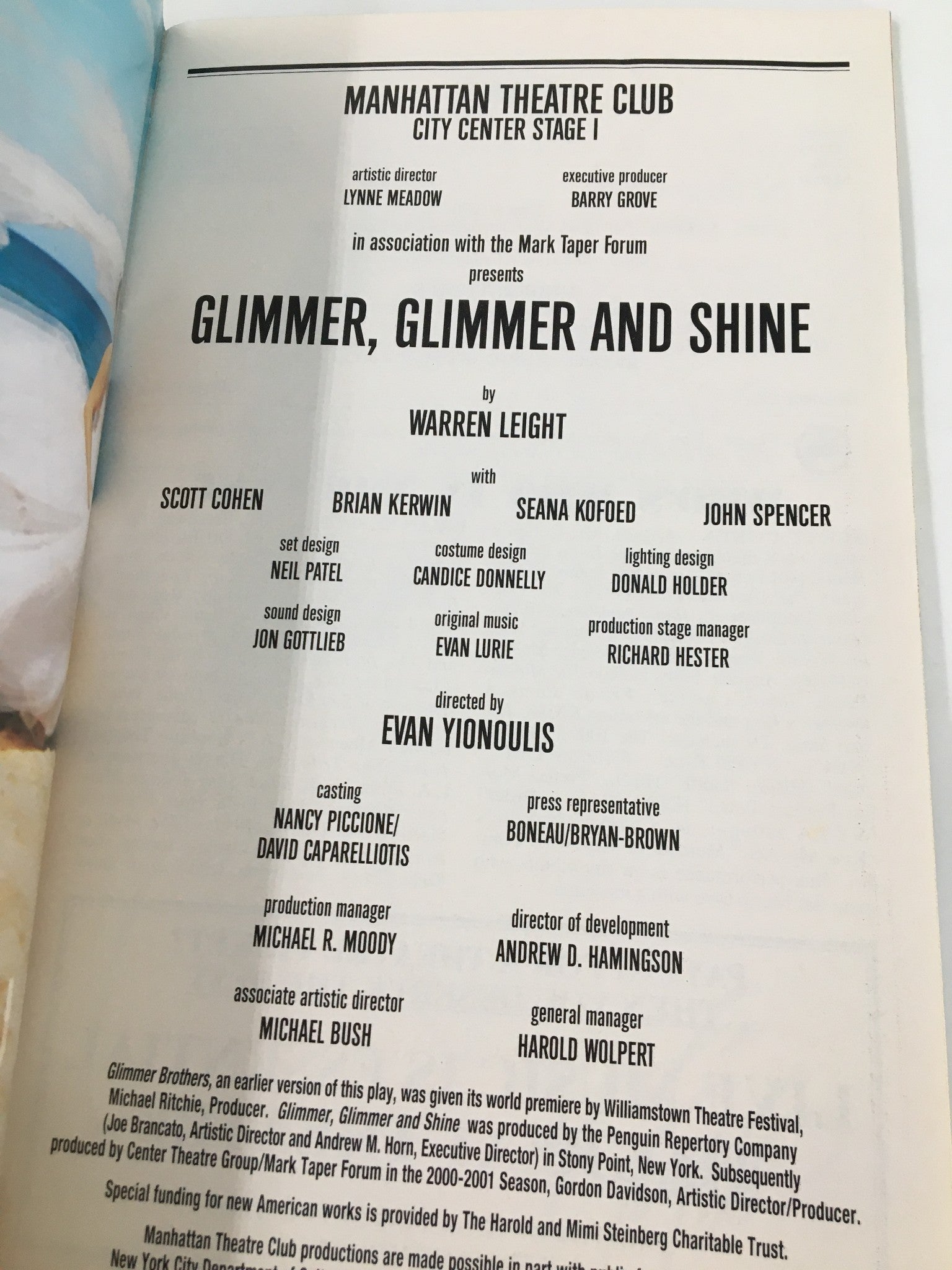 2001 Playbill Manhattan Theatre Club Scot Cohen in Glimmer, Glimmer and Shine