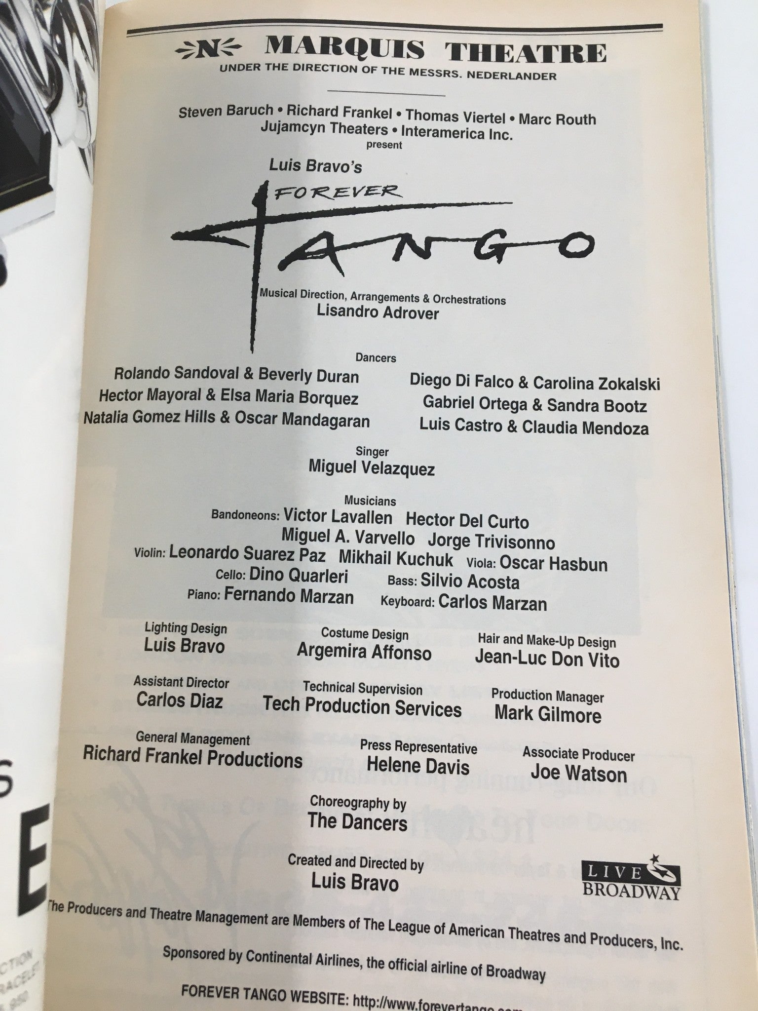 1998 Playbill Marquis Theatre Rolando Sandoval & Beverly Duran in Forever Tango