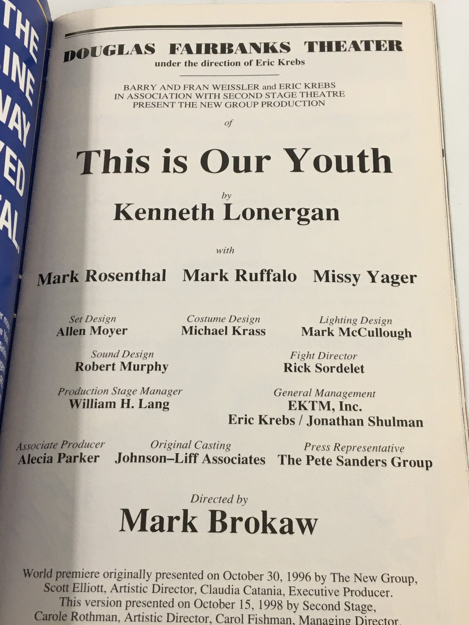 1999 Playbill Douglas Fairbanks Theater Mark Rosenthal in This Is Our Youth