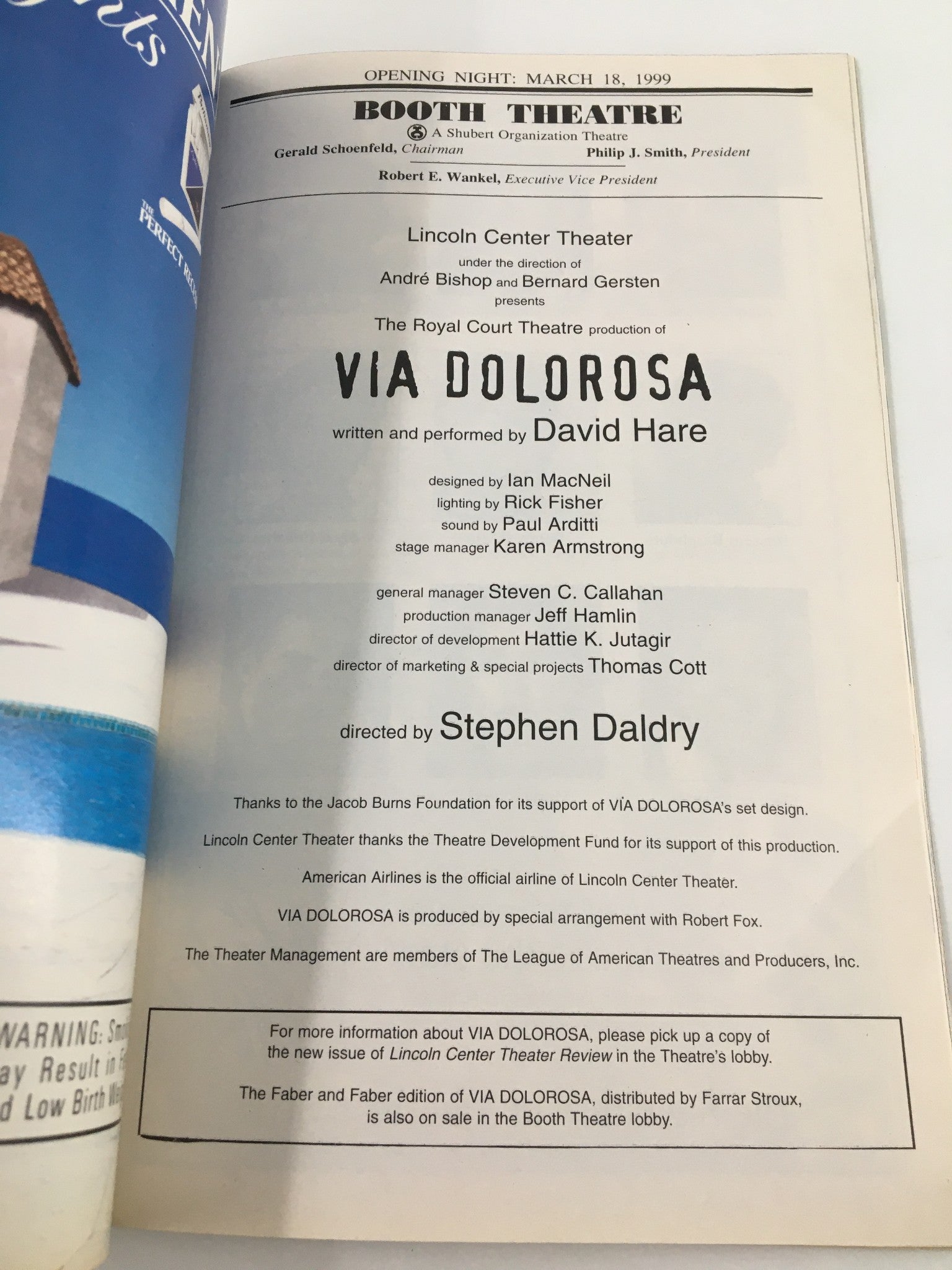 1999 Playbill Booth Theatre David Hare in Via Dolorosa by Stephen Dalry