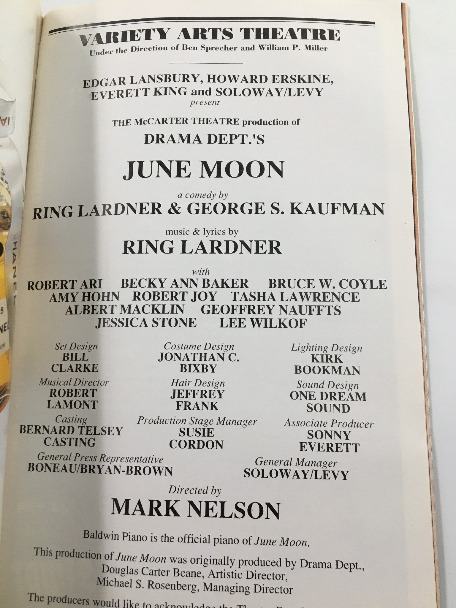 1997 Playbill Variety Arts Theatre Robert Ari, Becky Ann Baker in June Moon