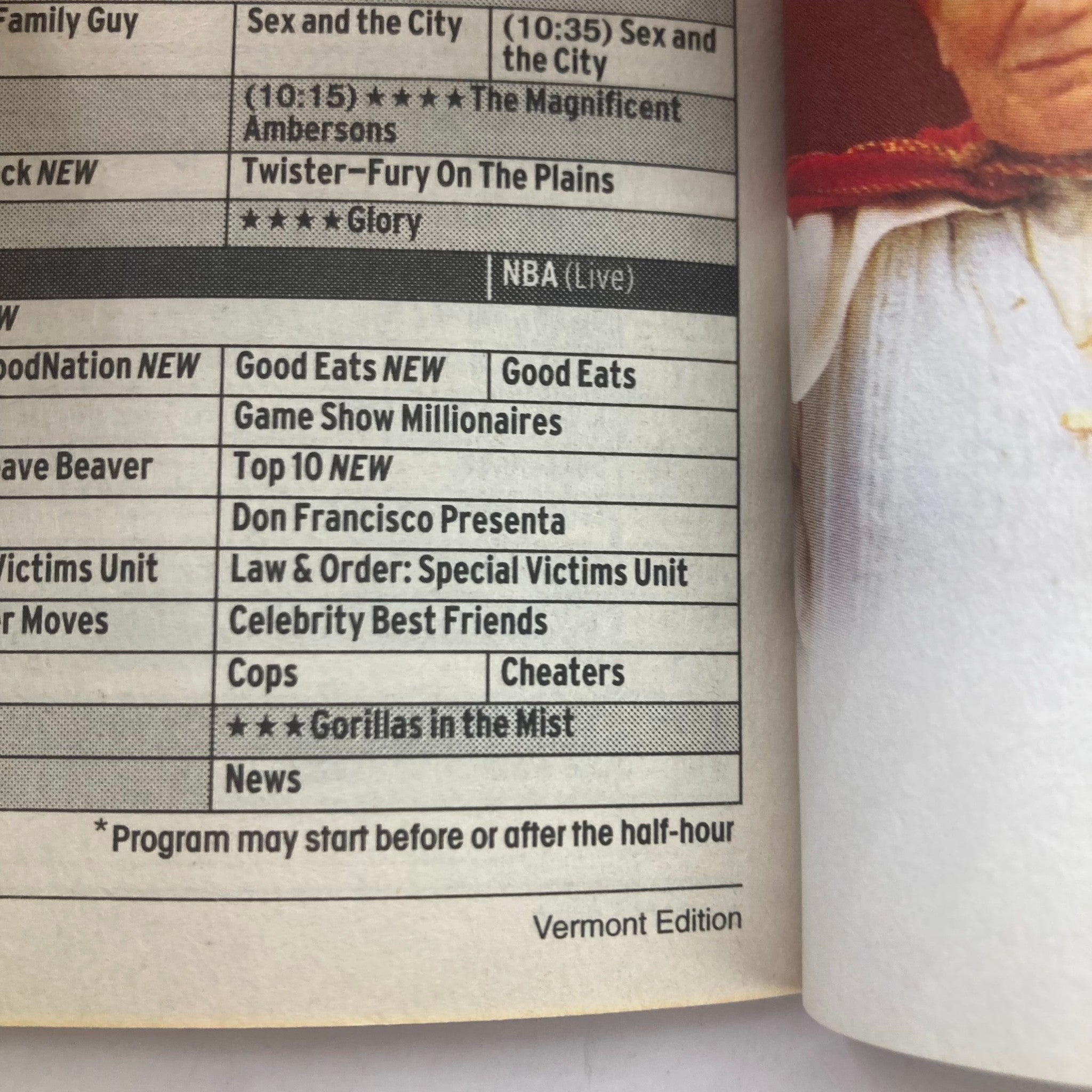Inside page of TV Guide Magazine from May 1, 2005, highlighting various television listings, including popular shows and live broadcasts, part of the Darth Vader Star Wars Vermont Edition.