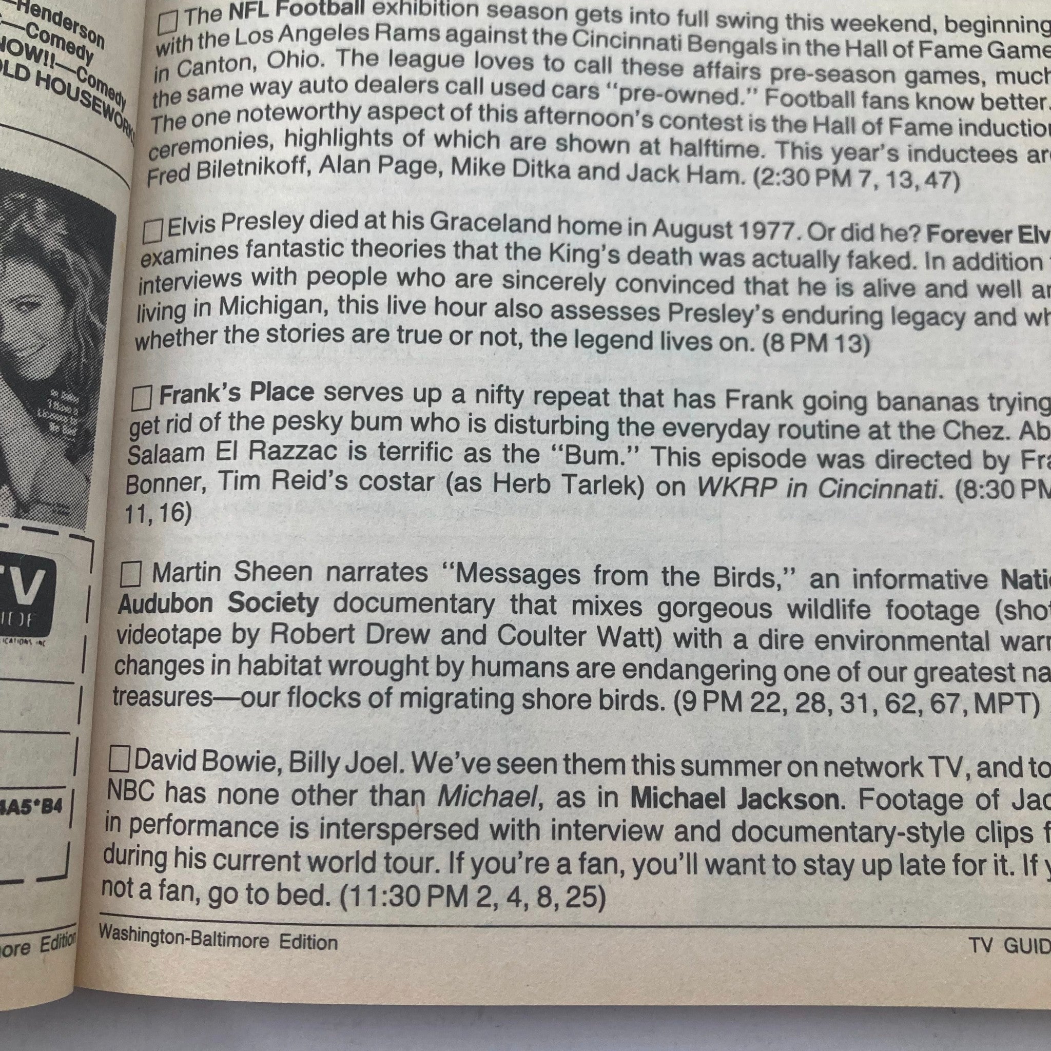 Inside page of the TV Guide Magazine July 30, 1988, showcasing television programs including an Elvis Presley documentary and featuring artist David Bowie.