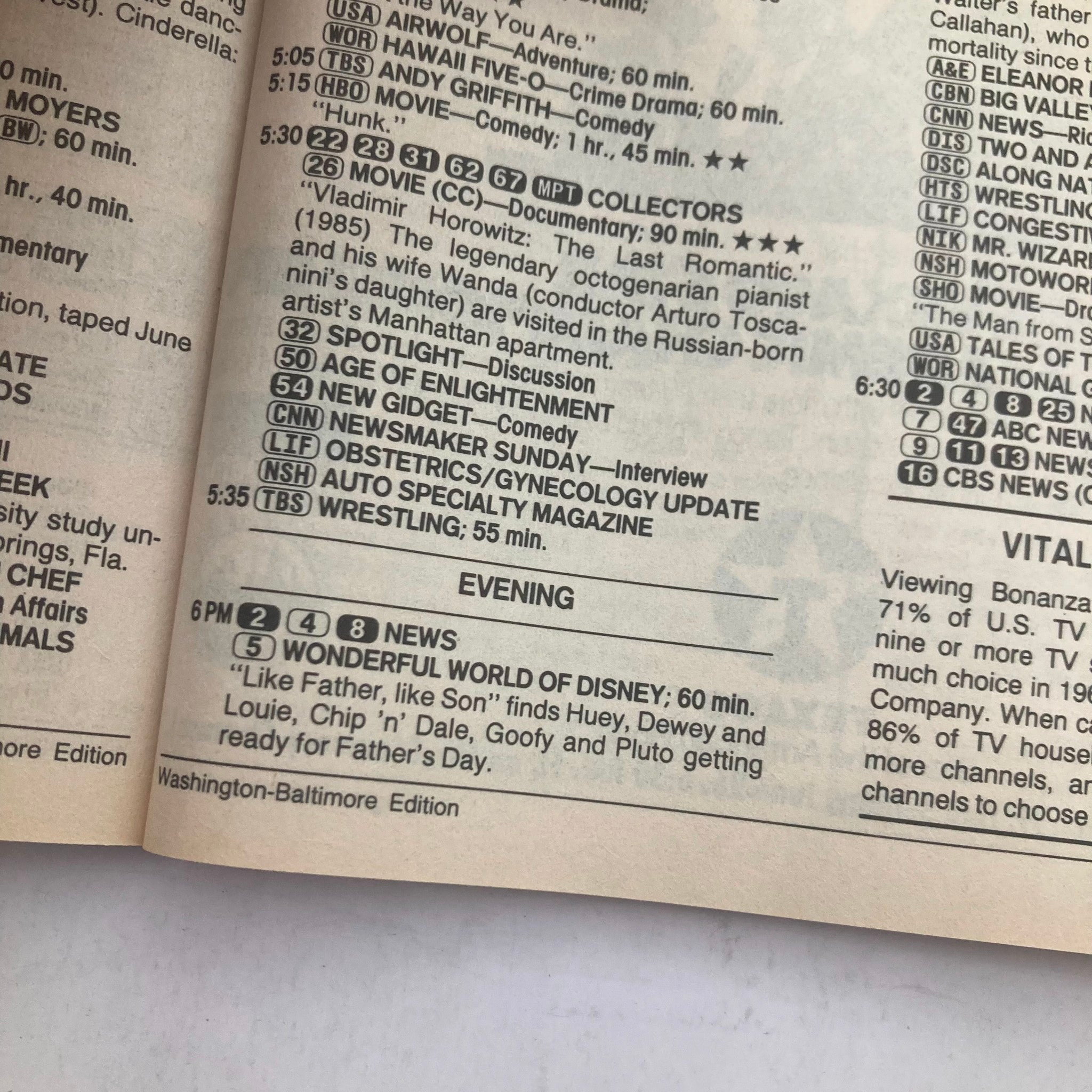 Inside page of TV Guide Magazine from June 18, 1988 featuring program listings and highlights including 'Wonderful World of Disney' and 'Age of Enlightenment'. Title: TV Guide Magazine June 18 1988 Tom Brokaw, Rita Braver WA-Baltimore Ed No Label.