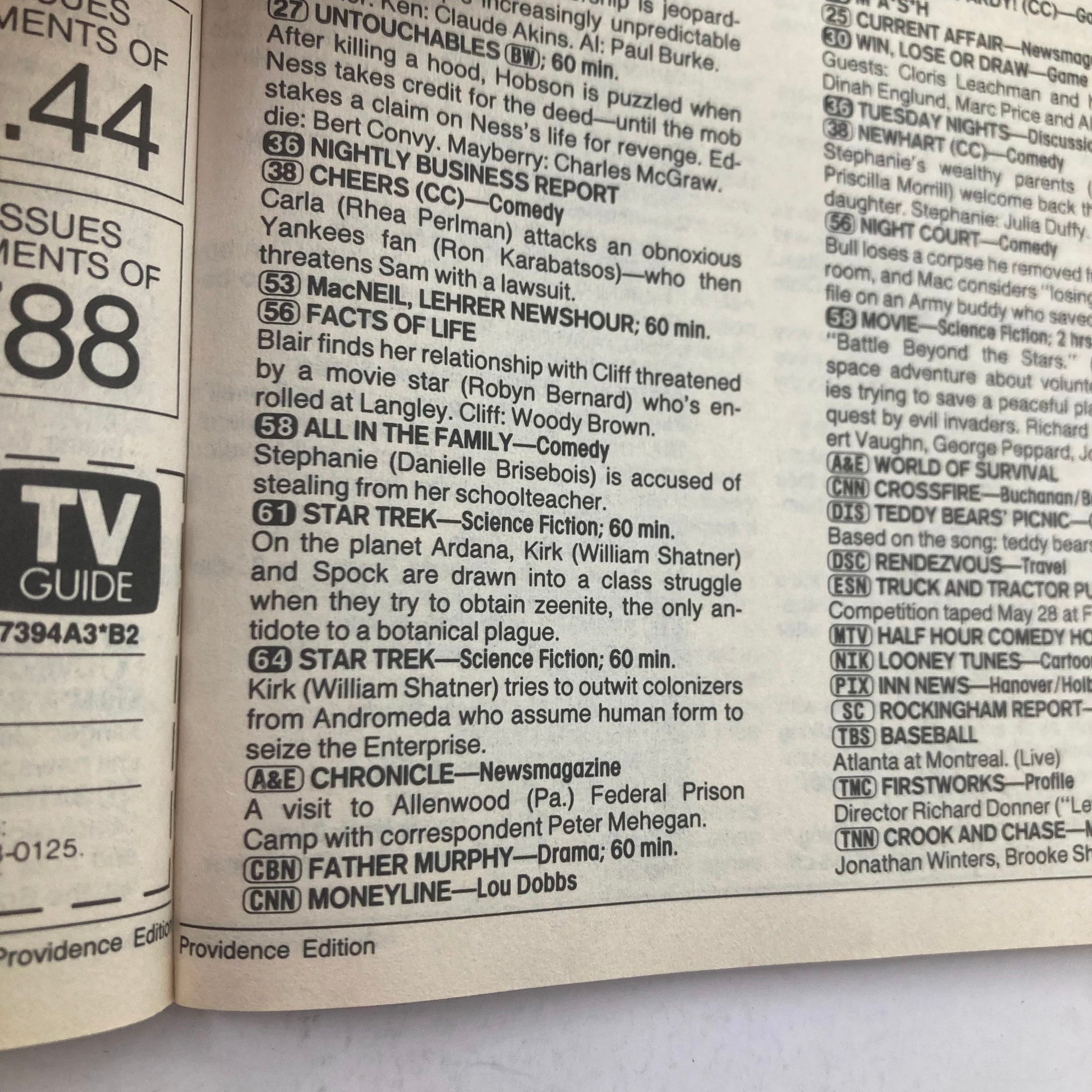 Inside page of TV Guide Magazine from July 15, 1989 featuring program listings including 'Star Trek', 'All in the Family', and 'Facts of Life'. This magazine highlights Melanie Mayron's Providence Edition and is noted for its pristine condition.
